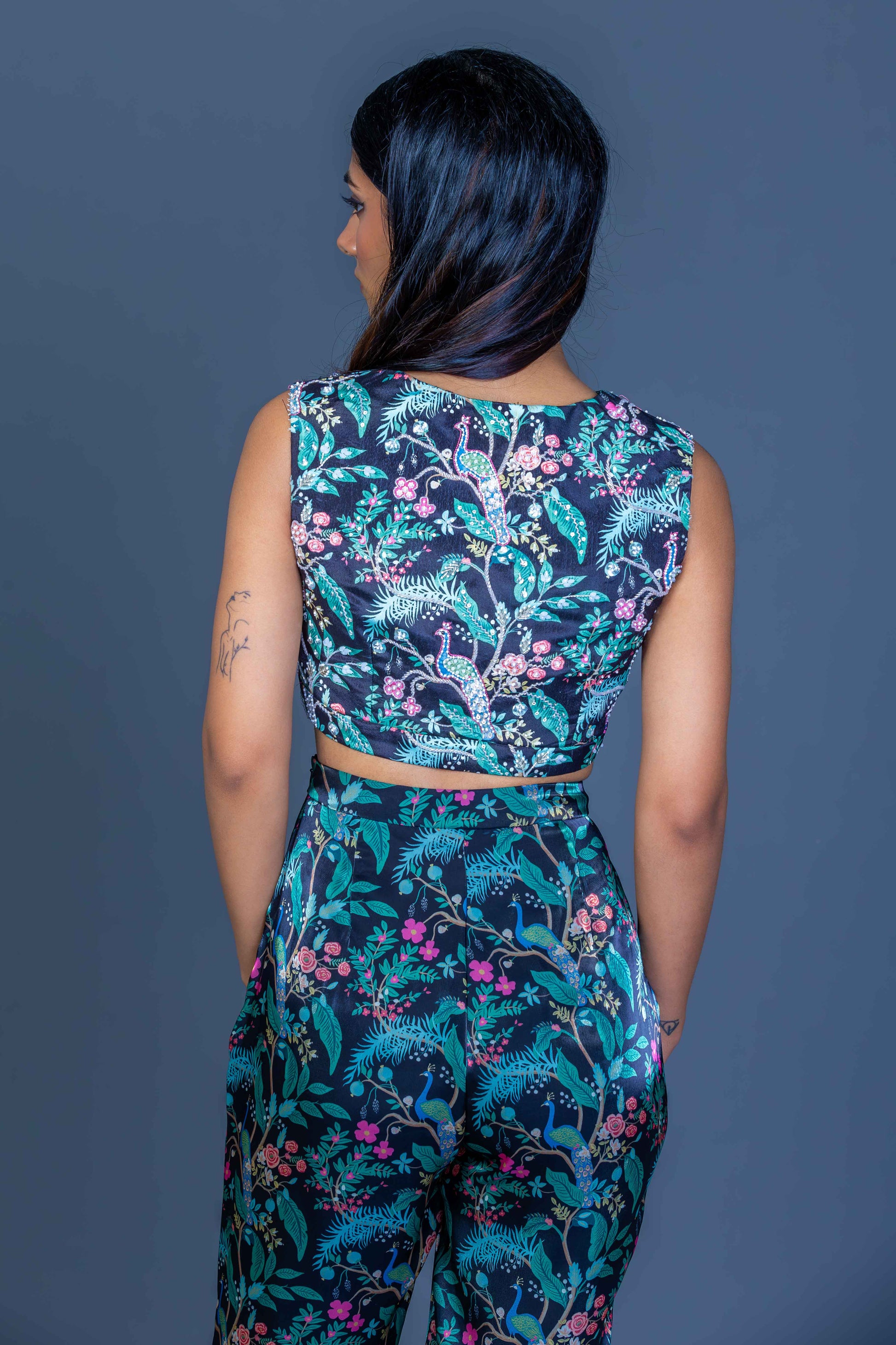 Midnight Black Peacock Print Crop Top & Garara Pants Set with Net Scarf