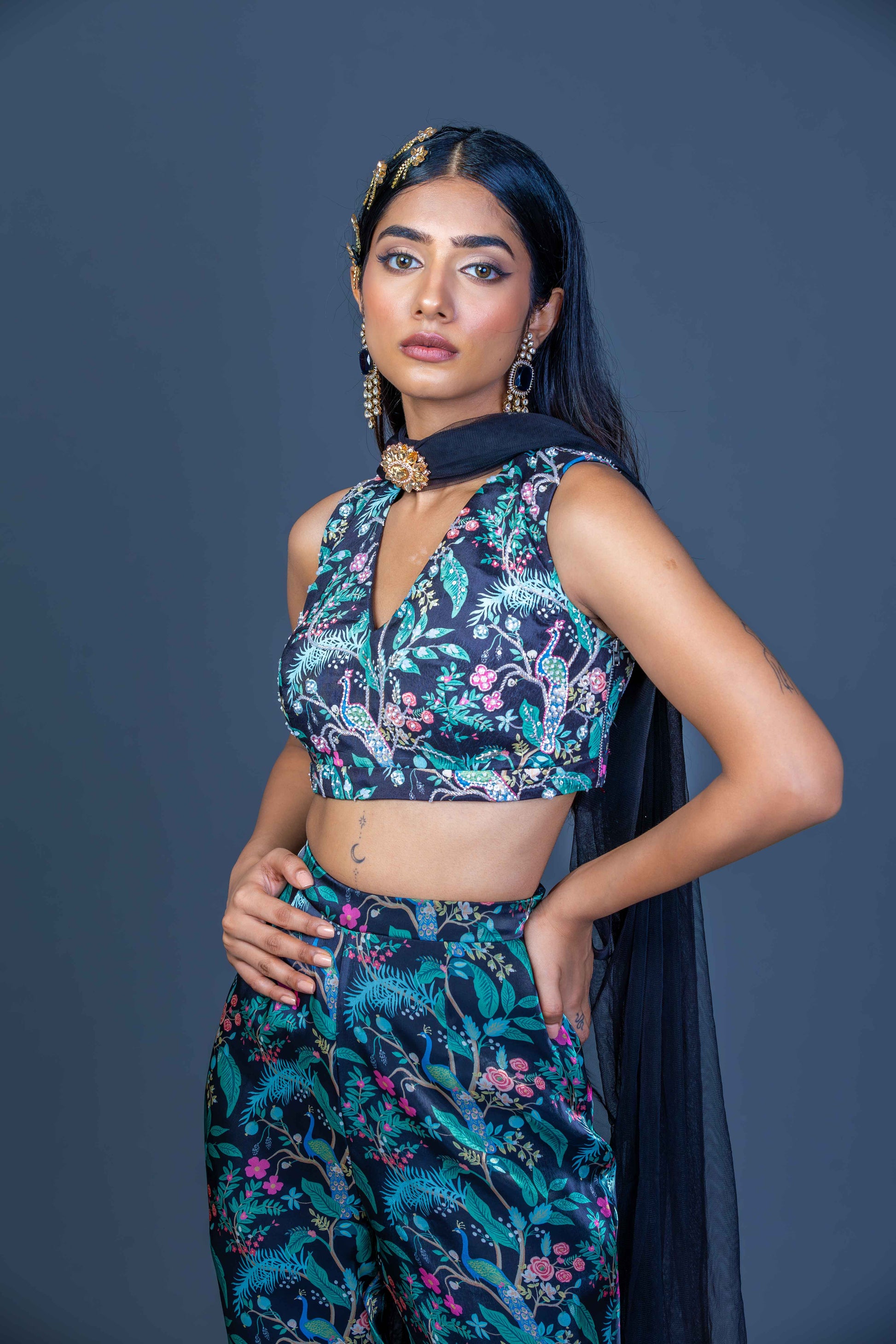 Midnight Black Peacock Print Crop Top & Garara Pants Set with Net Scarf