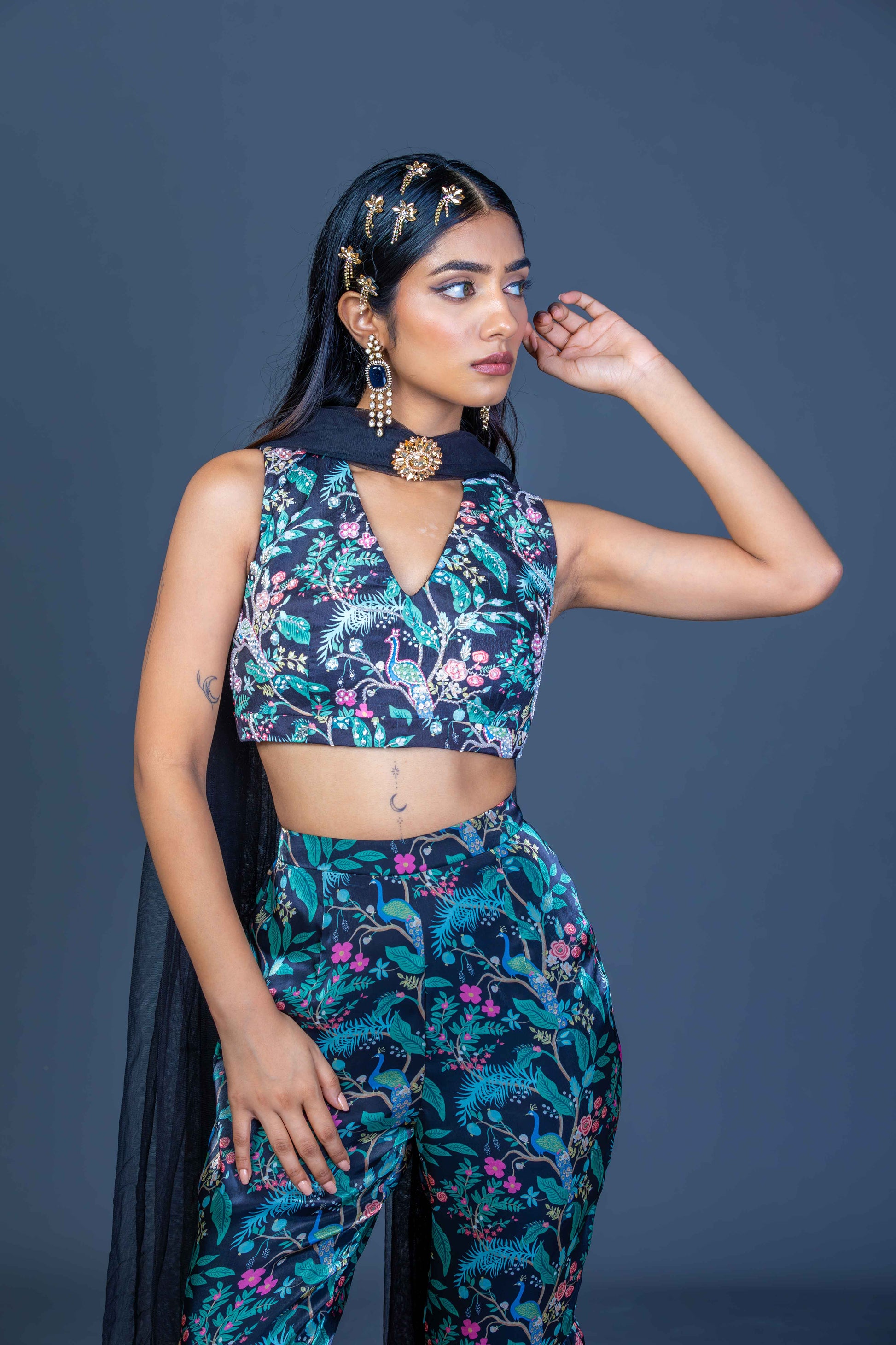 Midnight Black Peacock Print Crop Top & Garara Pants Set with Net Scarf