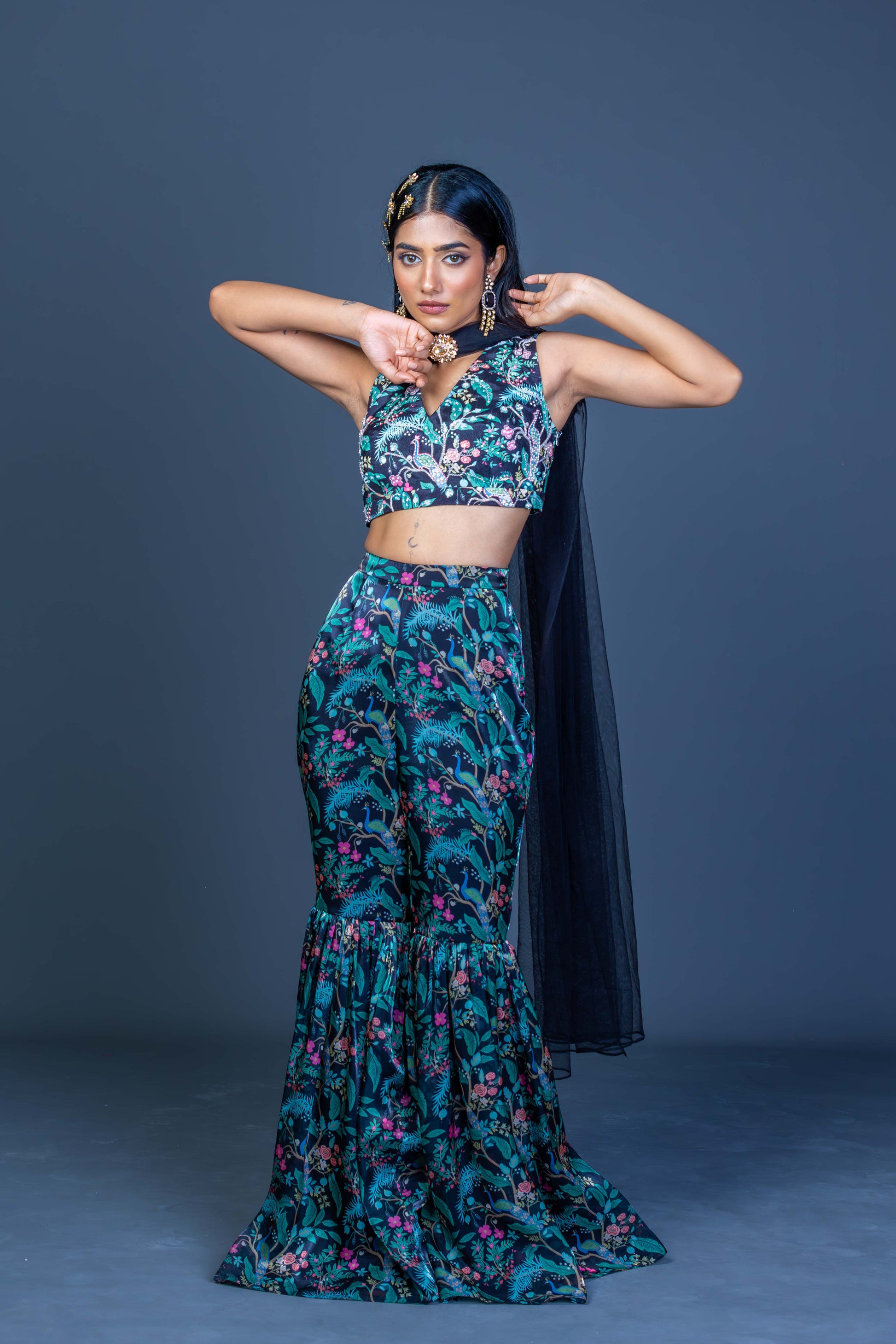 Midnight Black Peacock Print Crop Top & Garara Pants Set with Net Scarf
