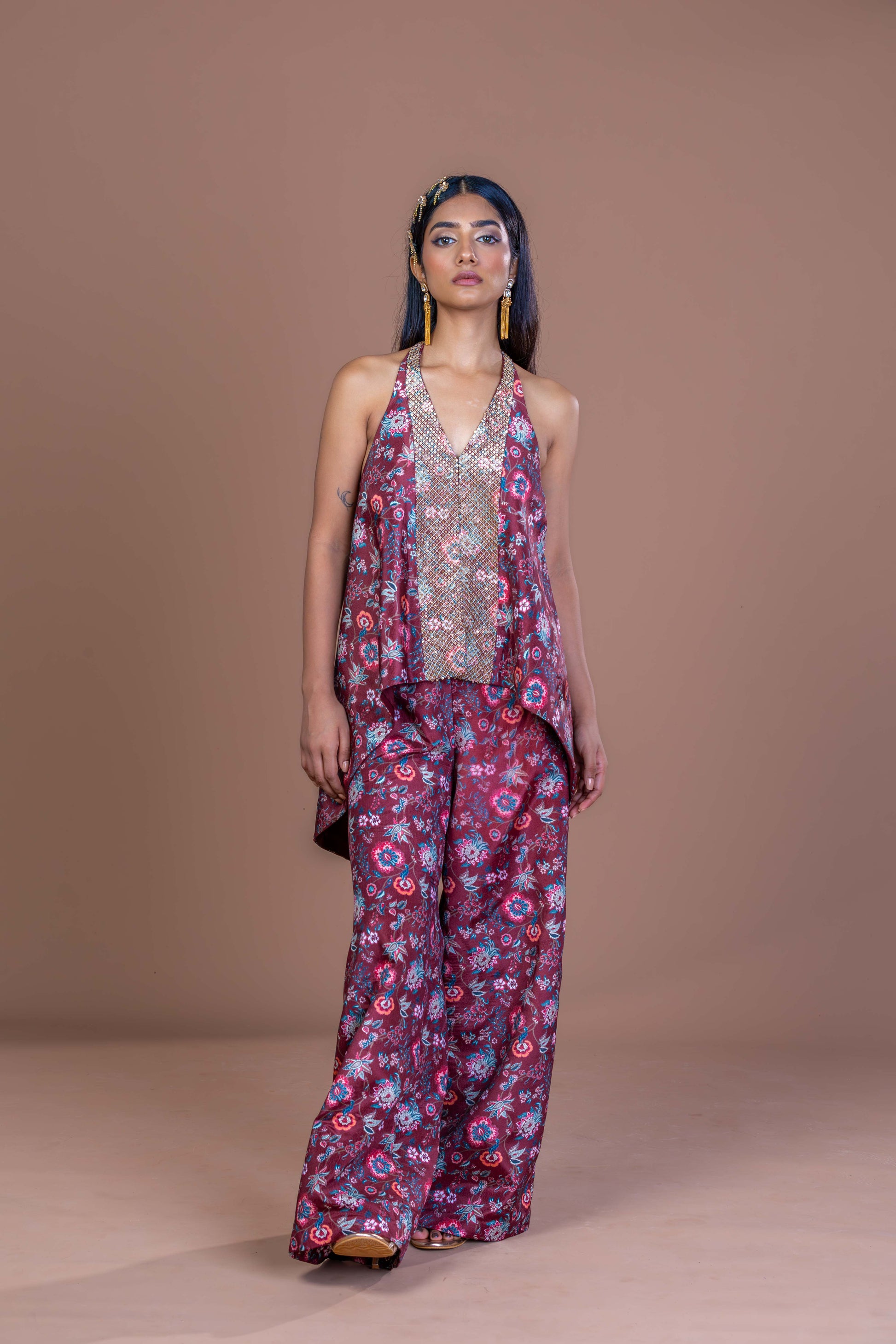 Garnet Maroon Floral Halter Neck Top & Wide Leg Palazzo Set