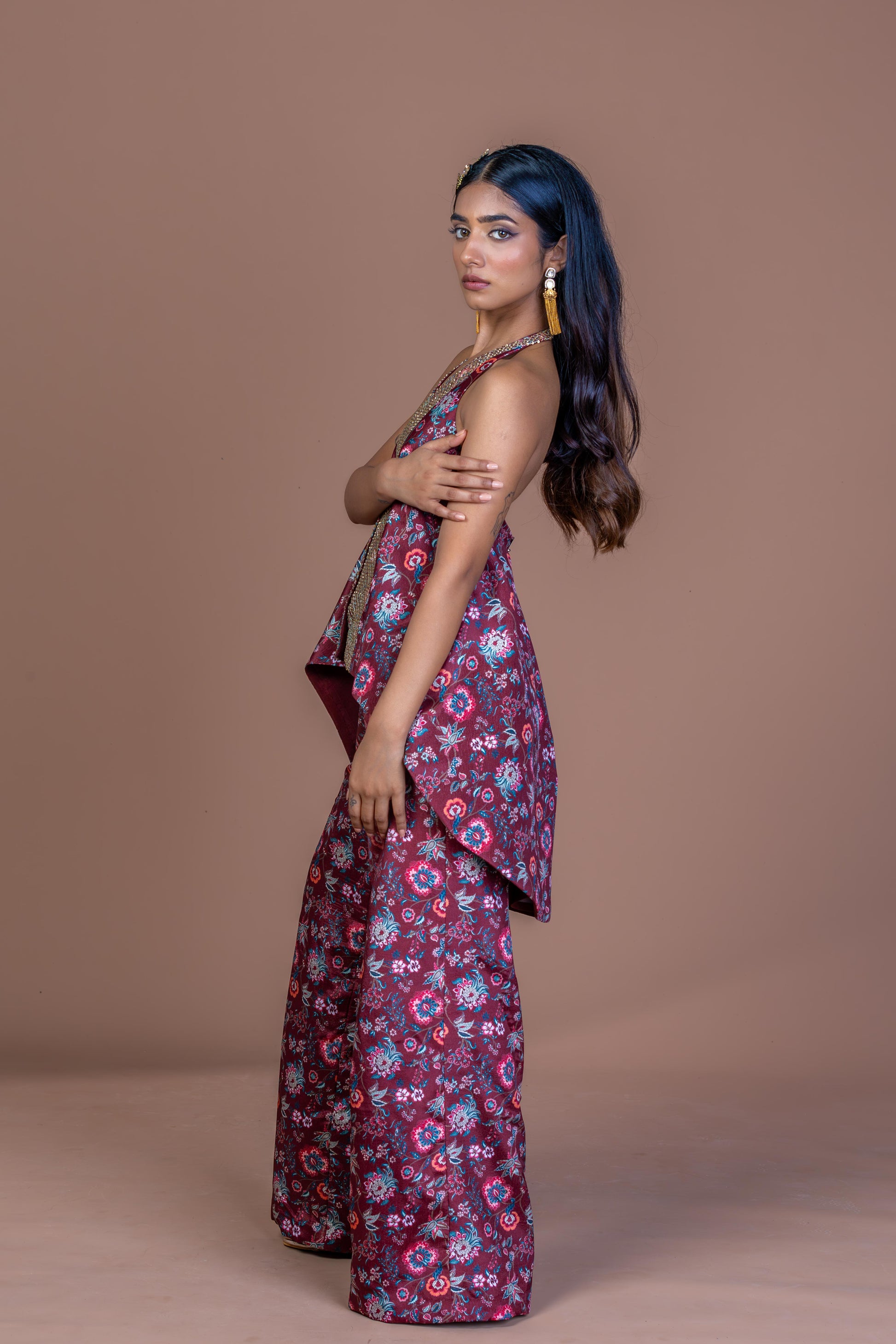 Garnet Maroon Floral Halter Neck Top & Wide Leg Palazzo Set
