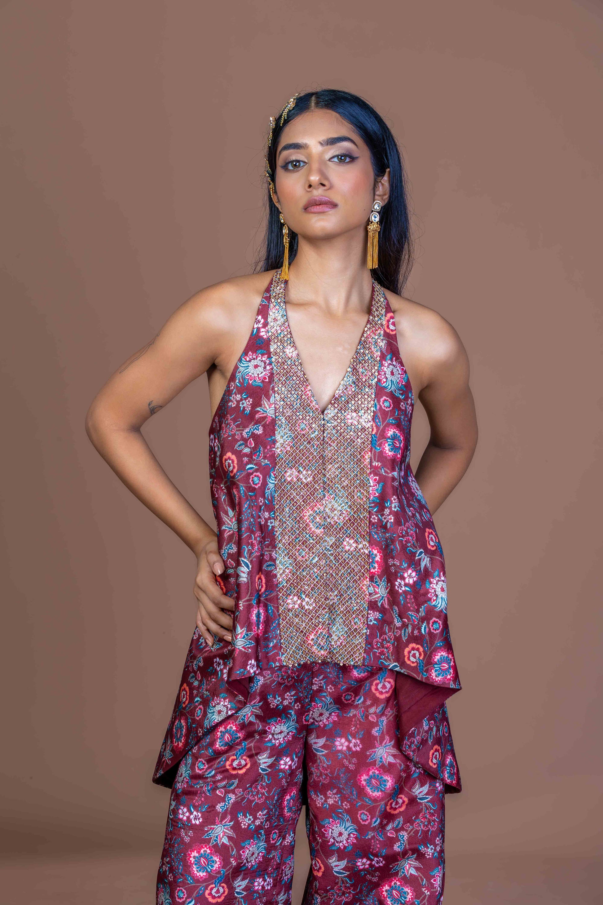 Garnet Maroon Floral Halter Neck Top & Wide Leg Palazzo Set