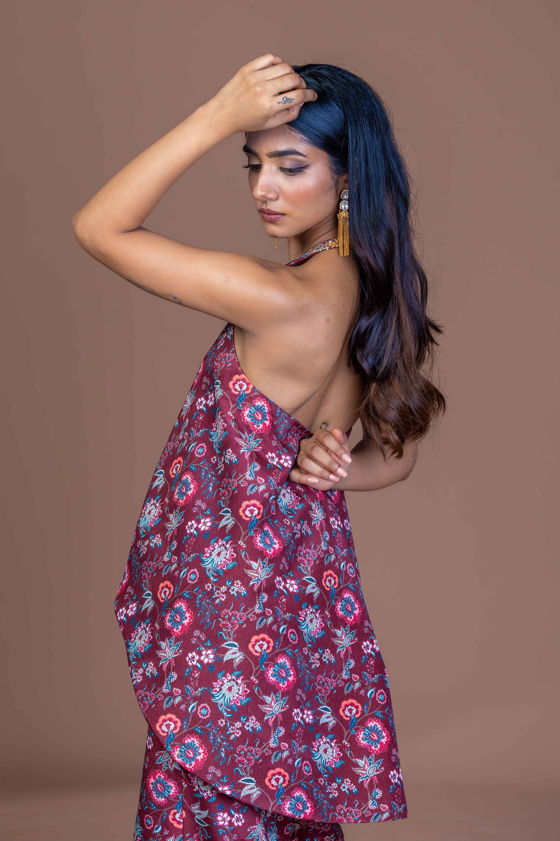 Garnet Maroon Floral Halter Neck Top & Wide Leg Palazzo Set