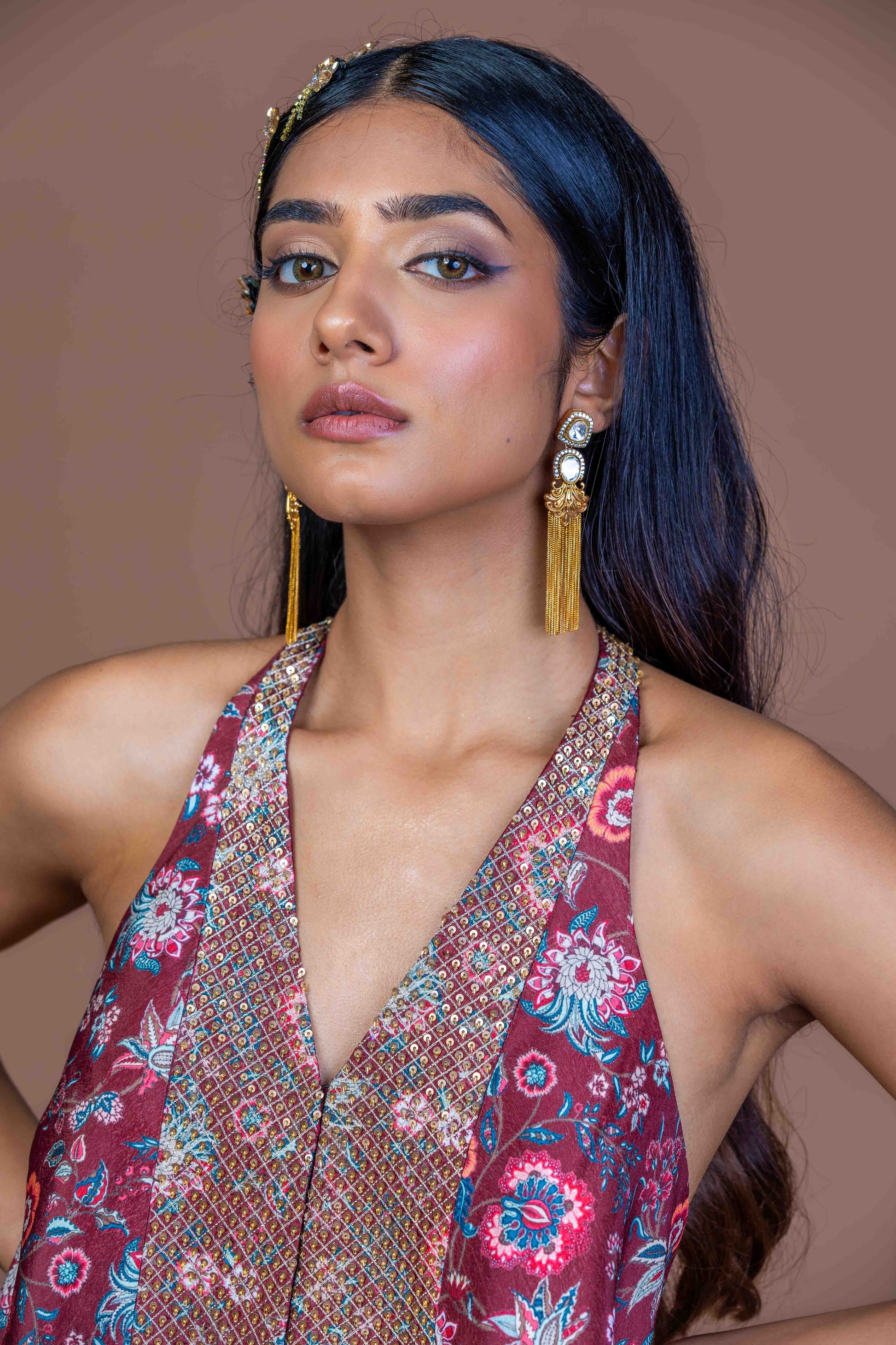 Garnet Maroon Floral Halter Neck Top & Wide Leg Palazzo Set