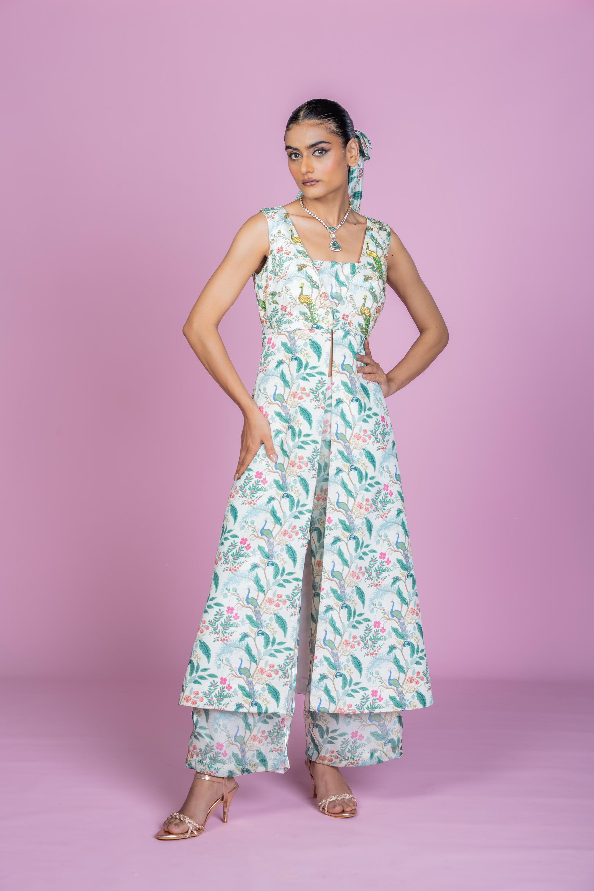 Ivory Peacock Embroidered Kurta Co-ord Set with Flared Pants