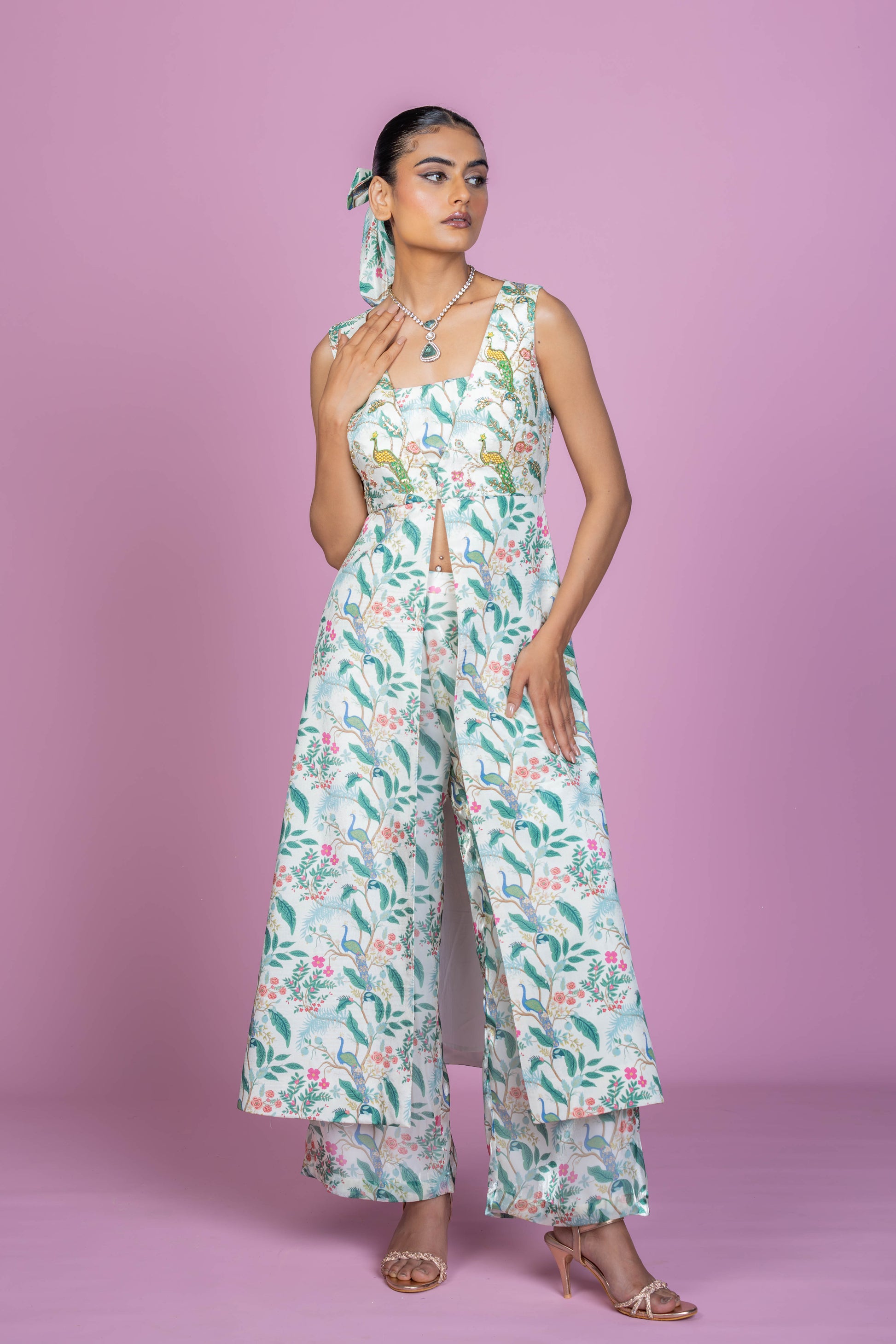 Ivory Peacock Embroidered Kurta Co-ord Set with Flared Pants