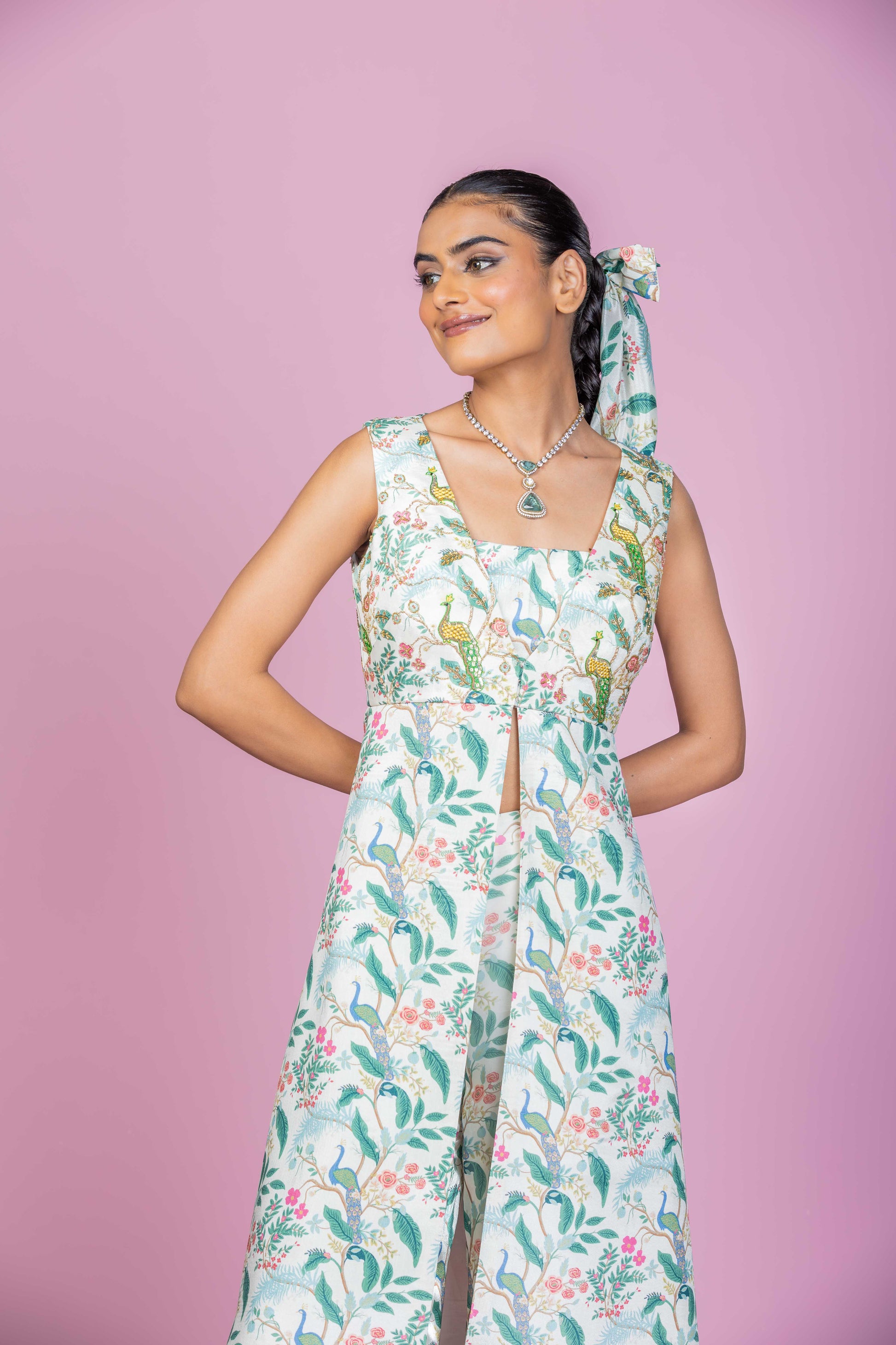 Ivory Peacock Embroidered Kurta Co-ord Set with Flared Pants