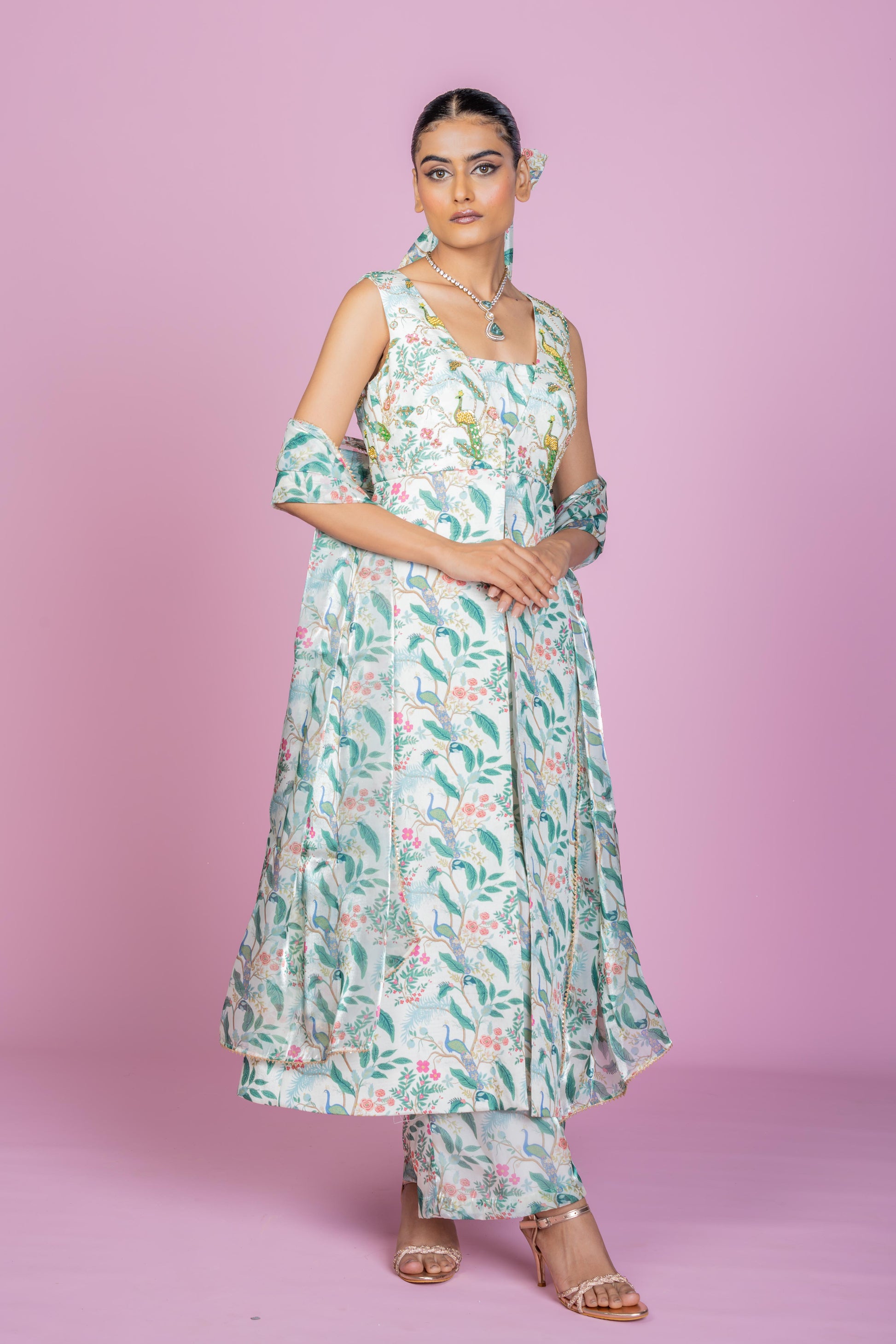 Ivory Peacock Embroidered Kurta Co-ord Set with Flared Pants