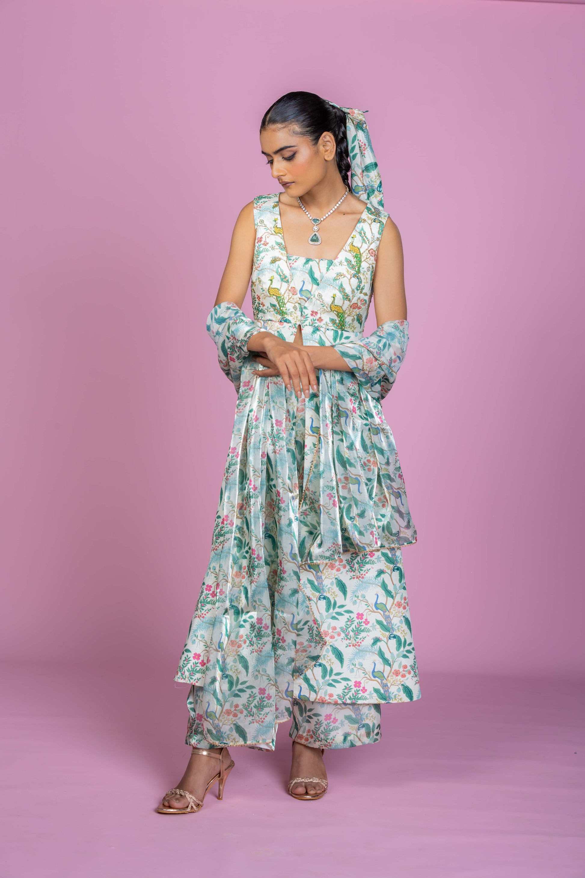 Ivory Peacock Embroidered Kurta Co-ord Set with Flared Pants