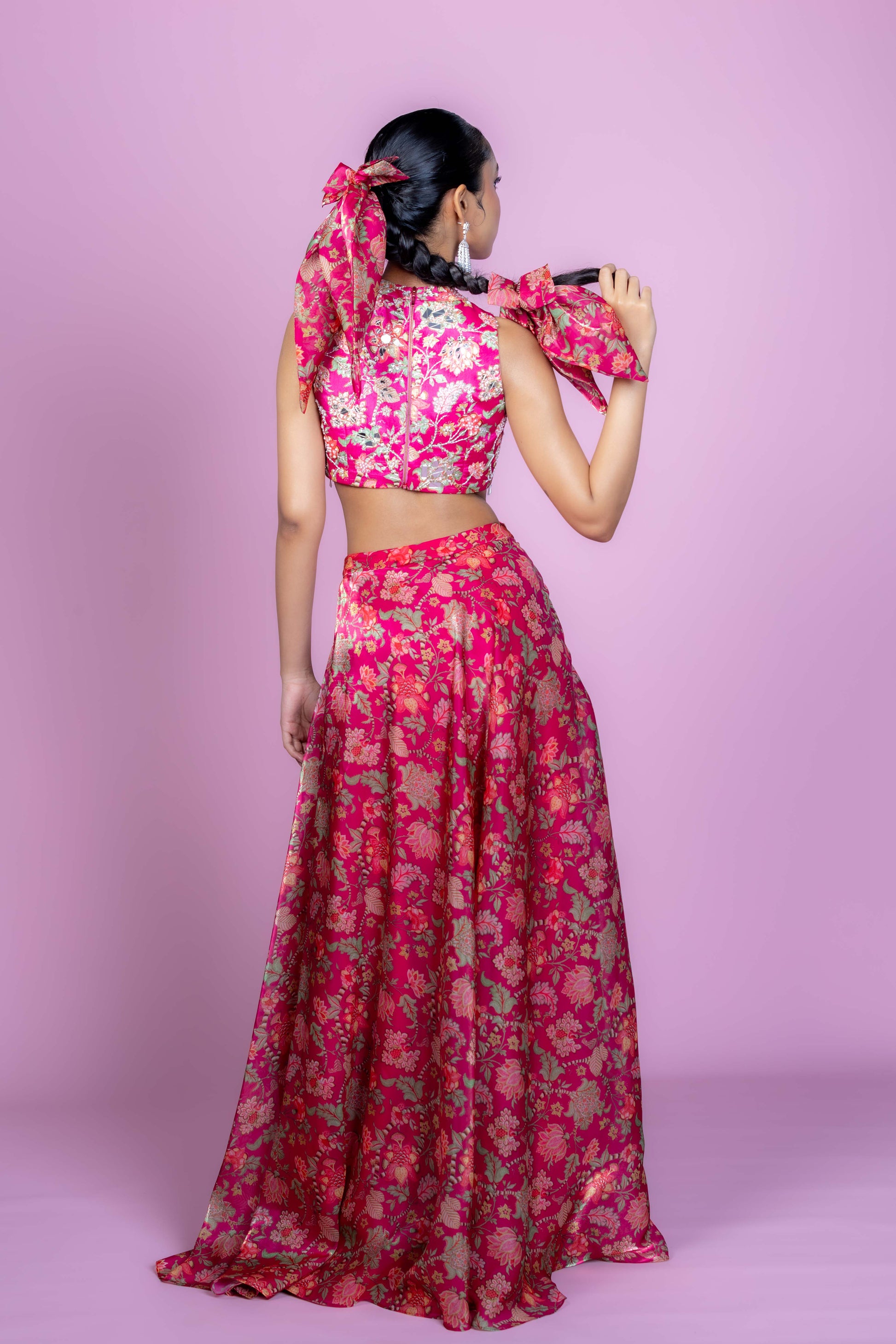 Fuschia Pink Floral Crop Top Lehenga Set for Festive Occasions