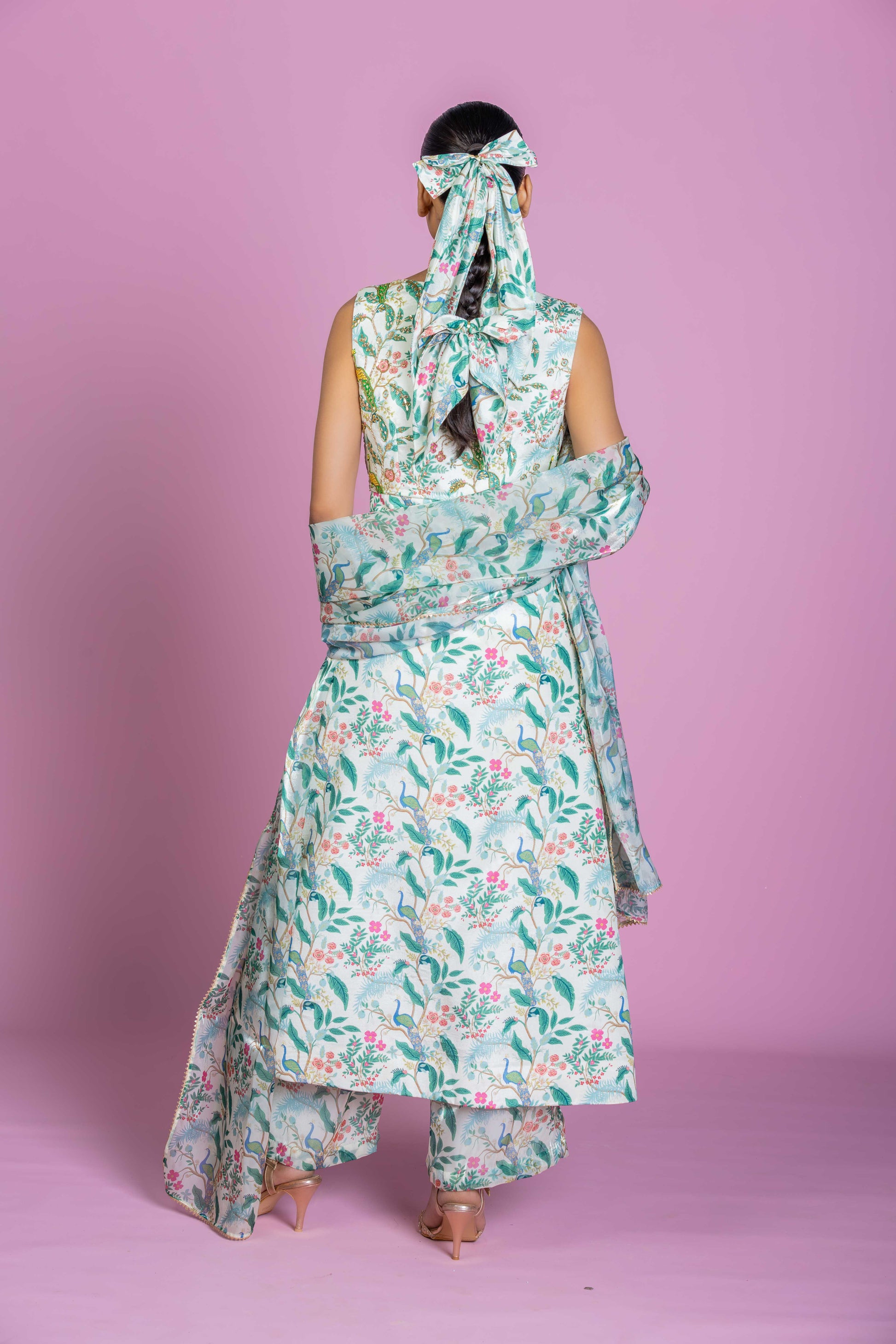 Ivory Peacock Embroidered Kurta Co-ord Set with Flared Pants