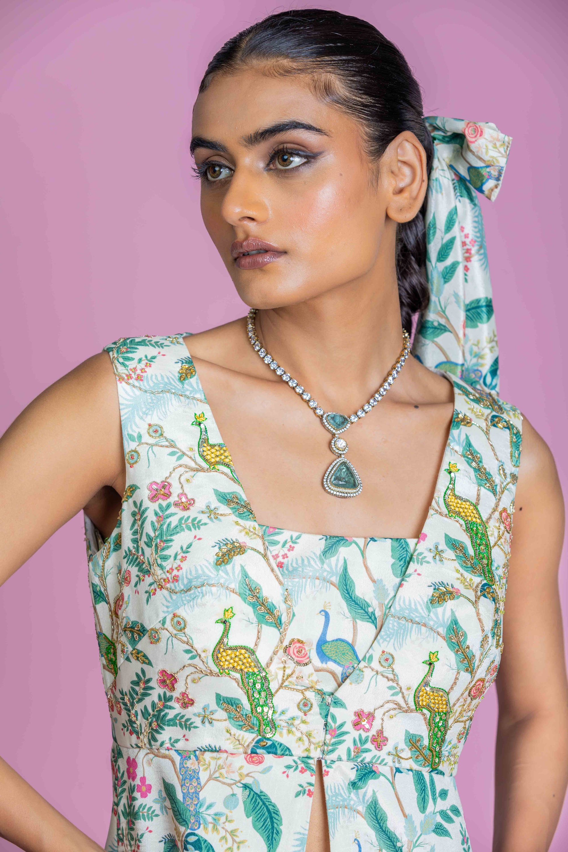 Ivory Peacock Embroidered Kurta Co-ord Set with Flared Pants