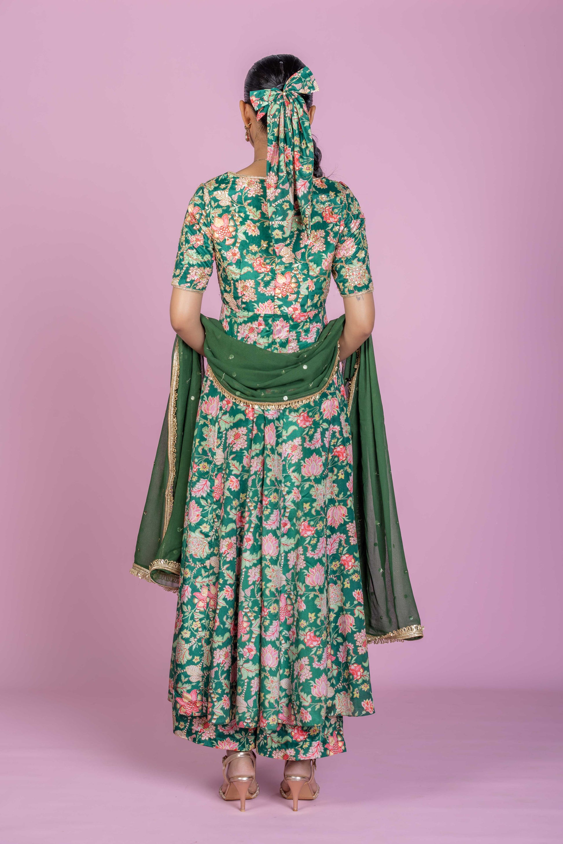 Emerald Green Floral Anarkali Kurta with Straight Pants