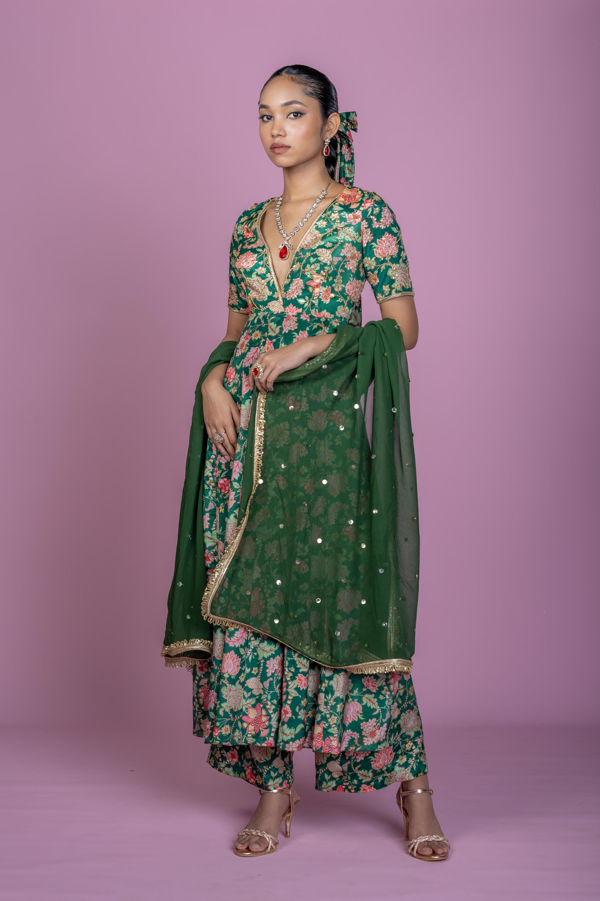 Emerald Green Floral Anarkali Kurta with Straight Pants