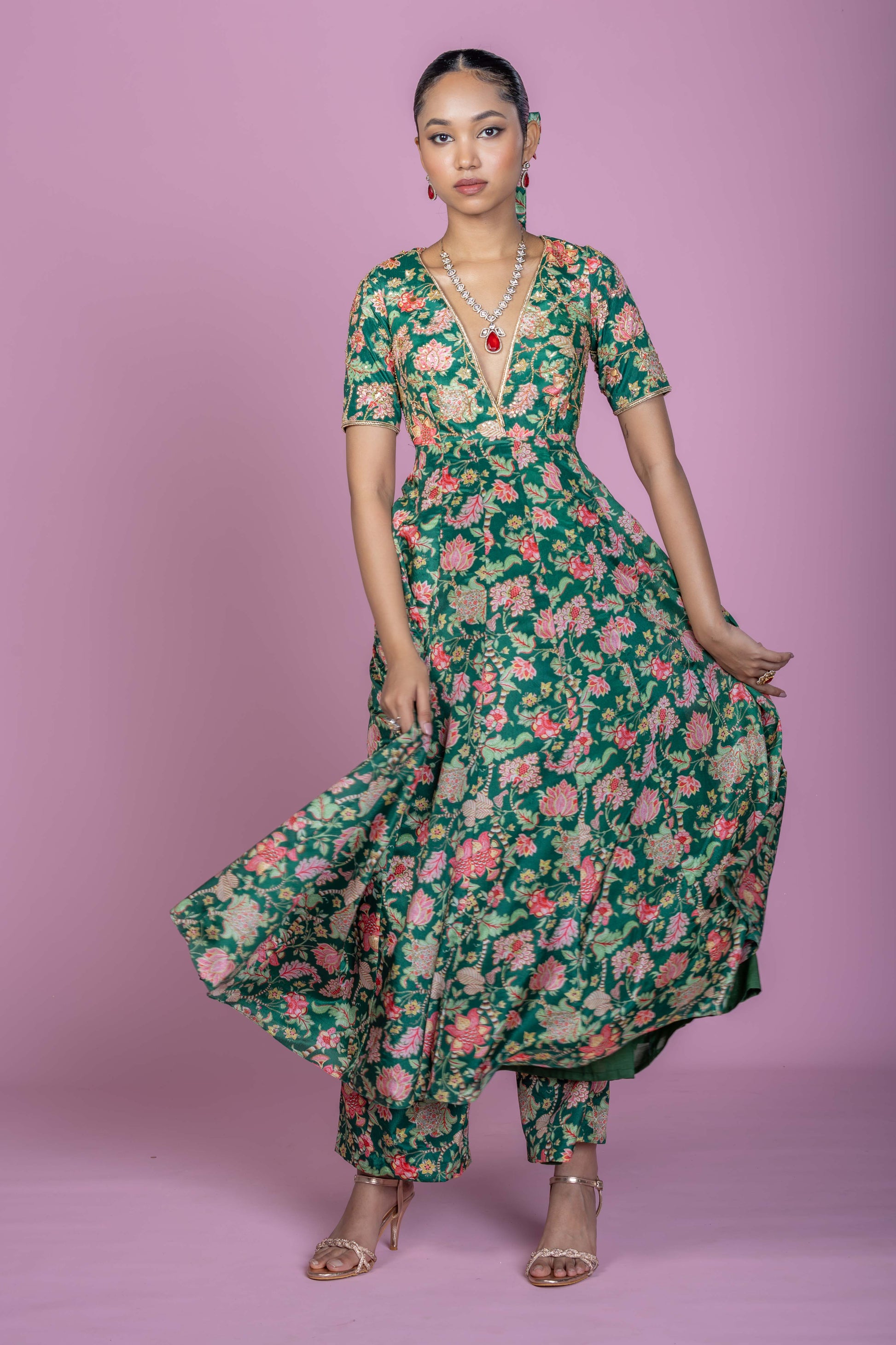 Emerald Green Floral Anarkali Kurta with Straight Pants