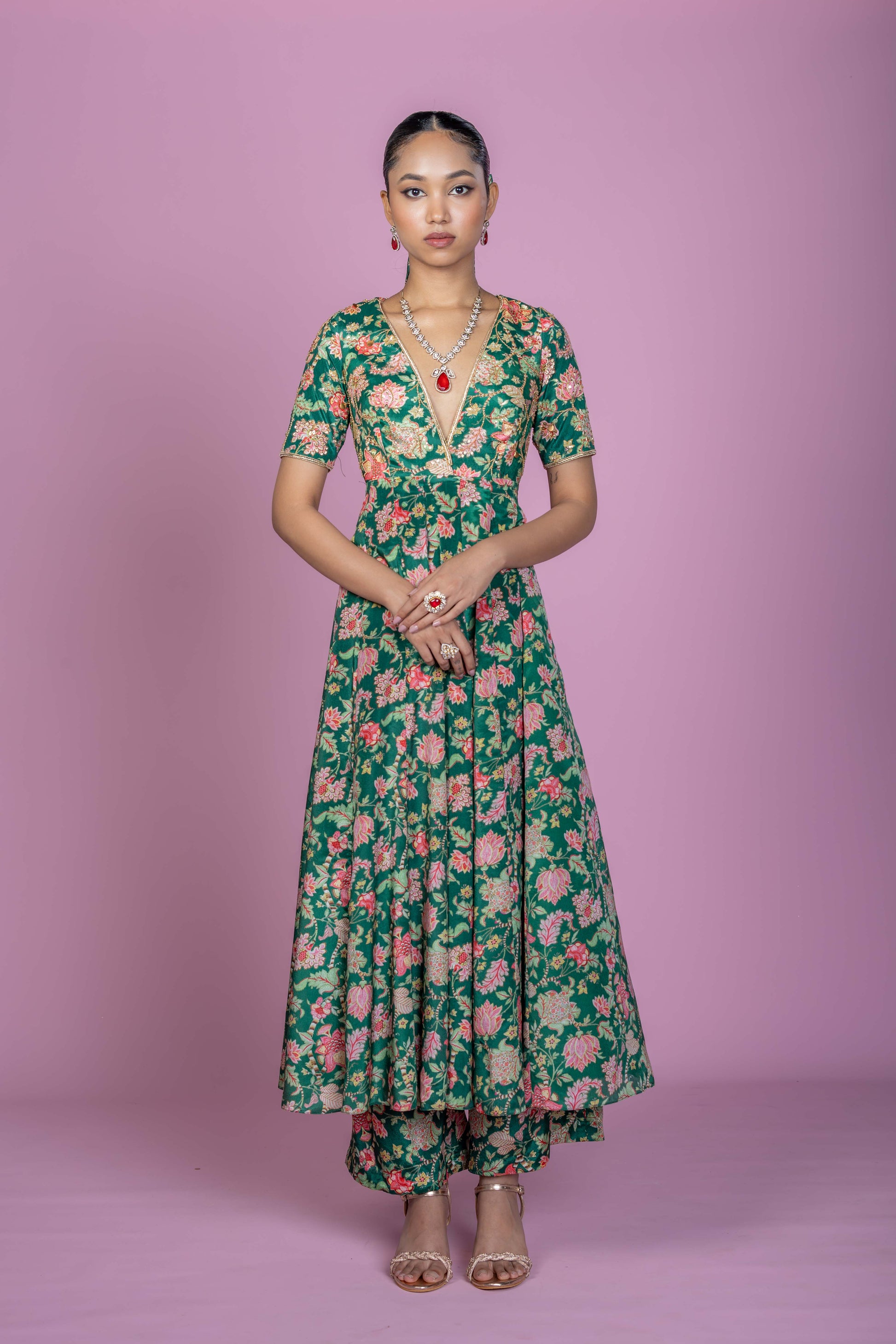 Emerald Green Floral Anarkali Kurta with Straight Pants