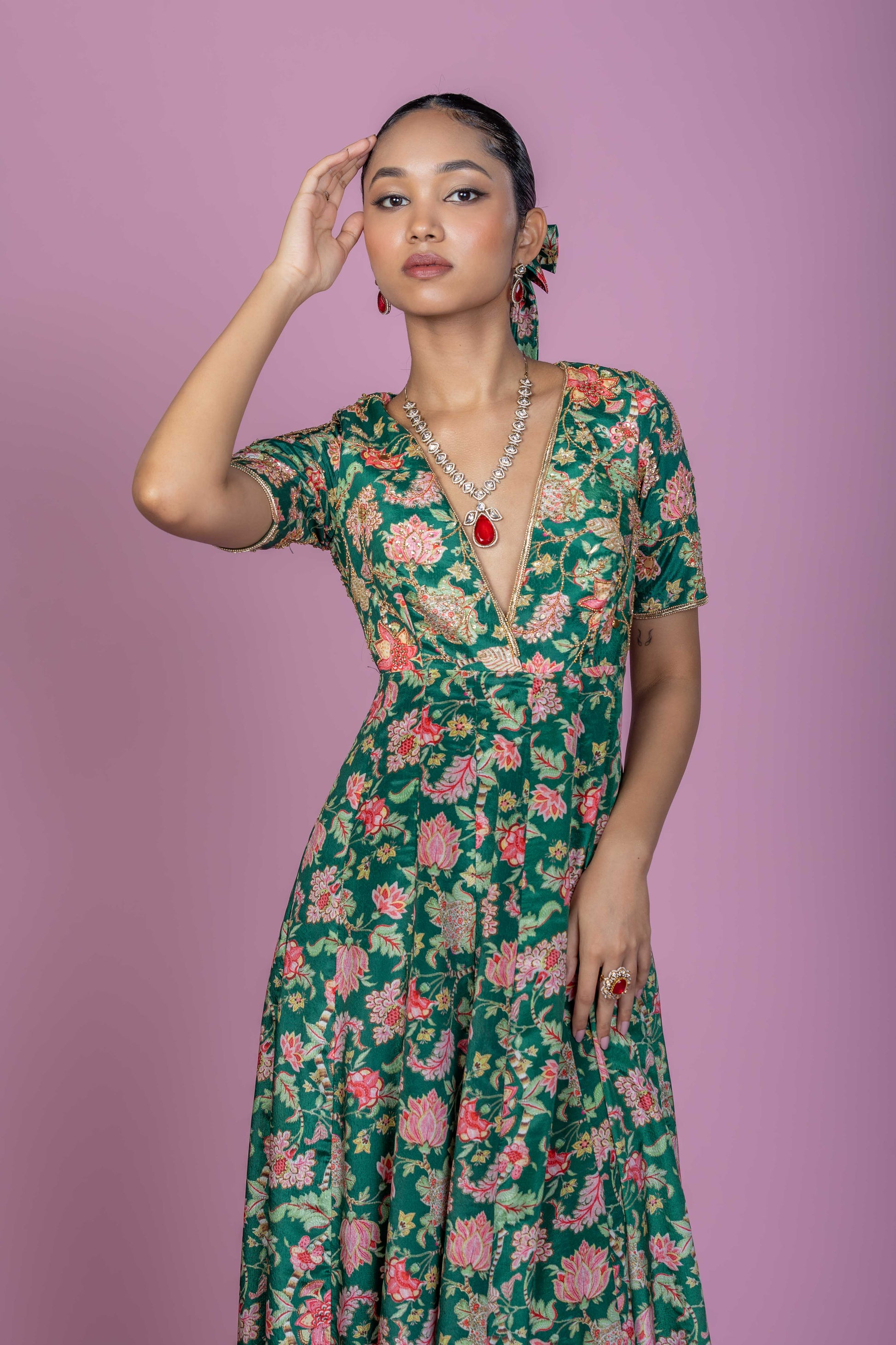 Emerald Green Floral Anarkali Kurta with Straight Pants
