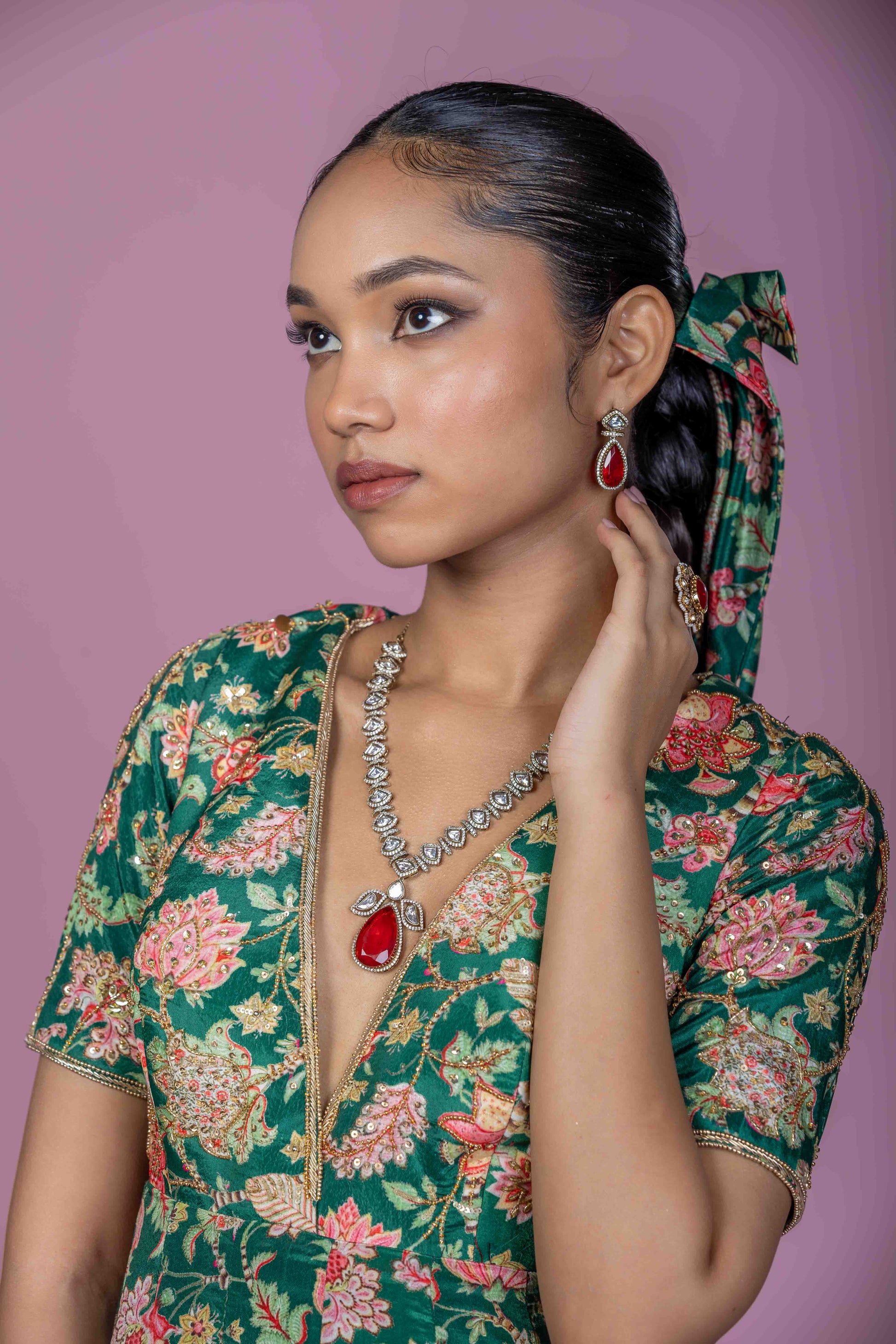 Emerald Green Floral Anarkali Kurta with Straight Pants