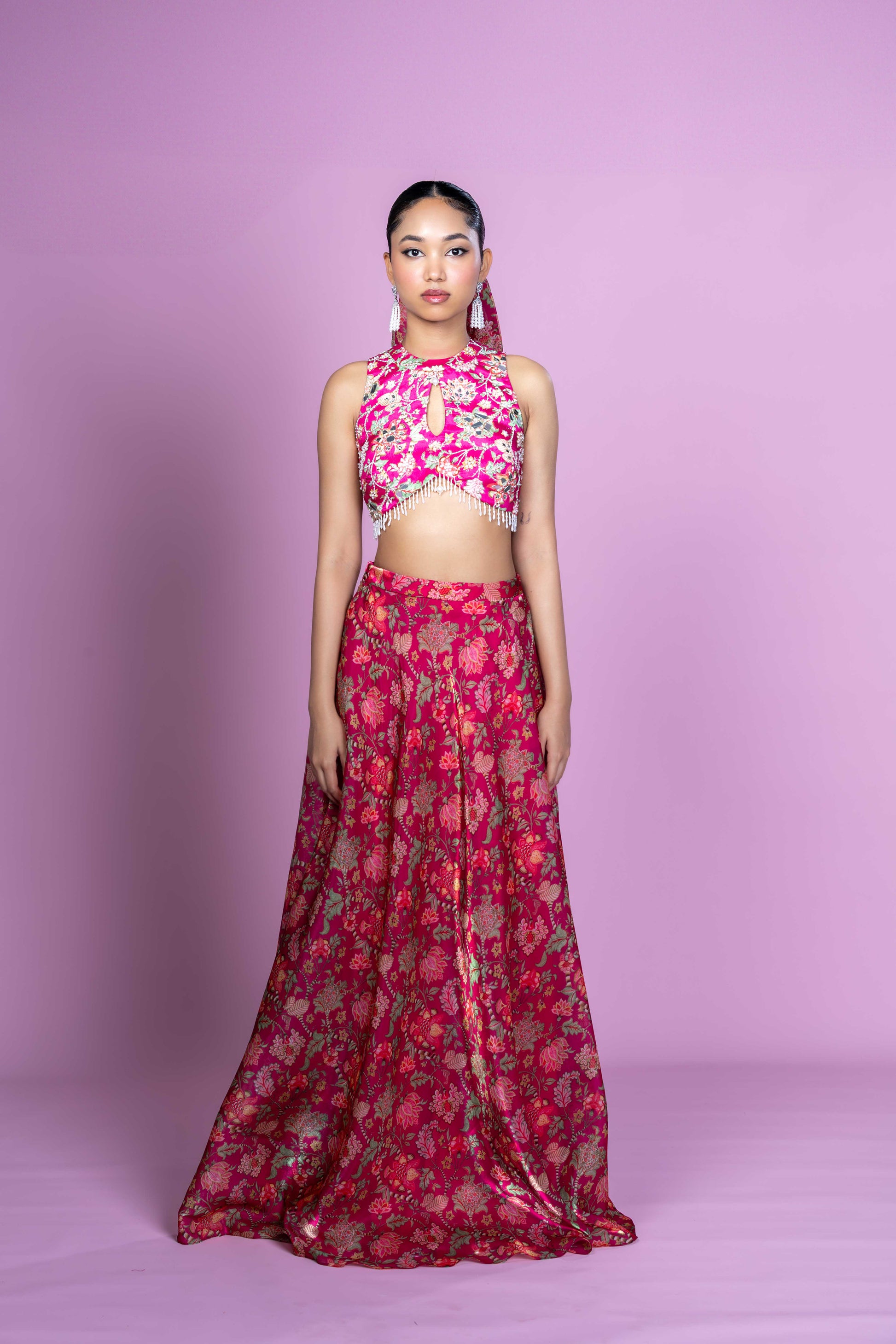 Fuschia Pink Floral Crop Top Lehenga Set for Festive Occasions