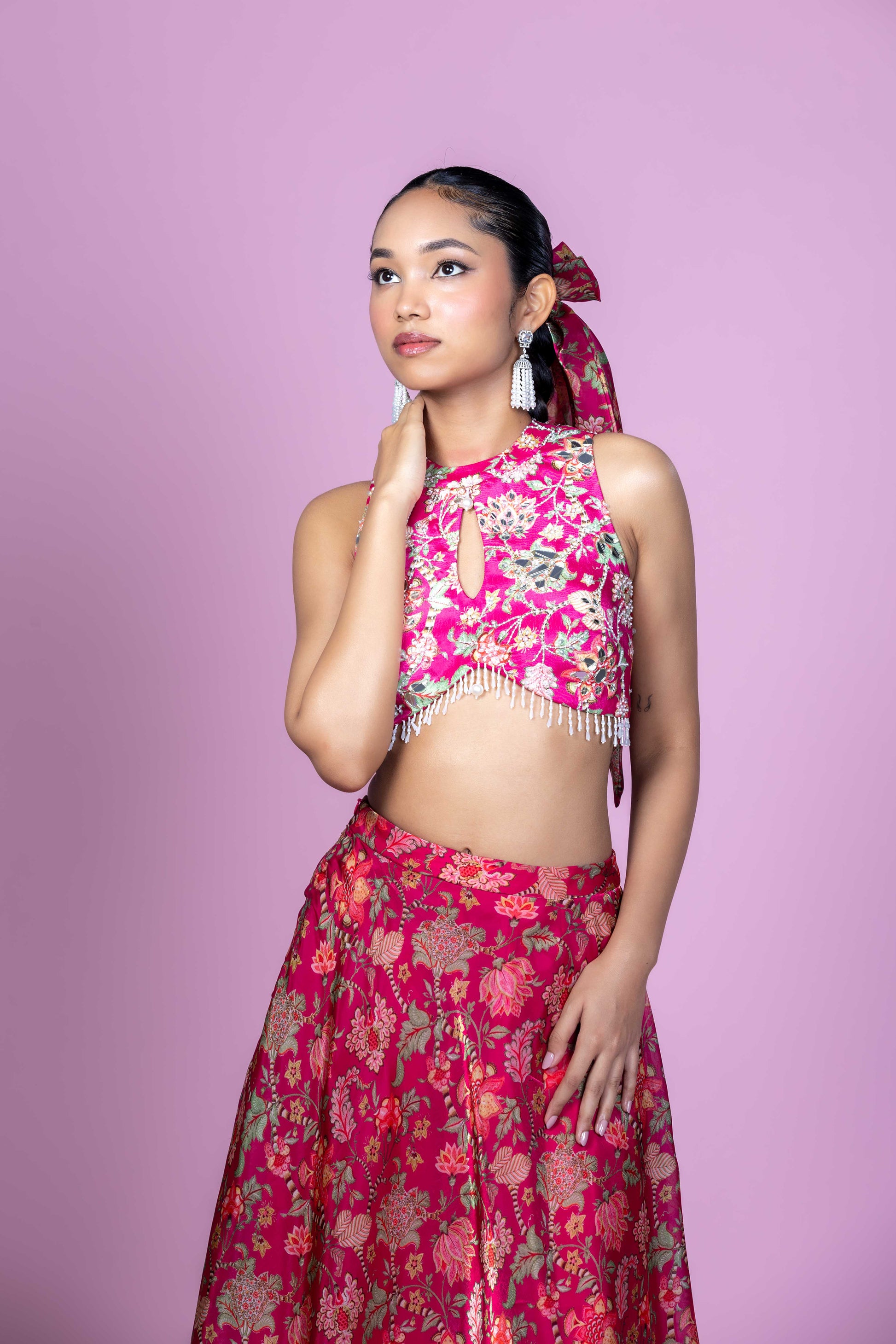 Fuschia Pink Floral Crop Top Lehenga Set for Festive Occasions