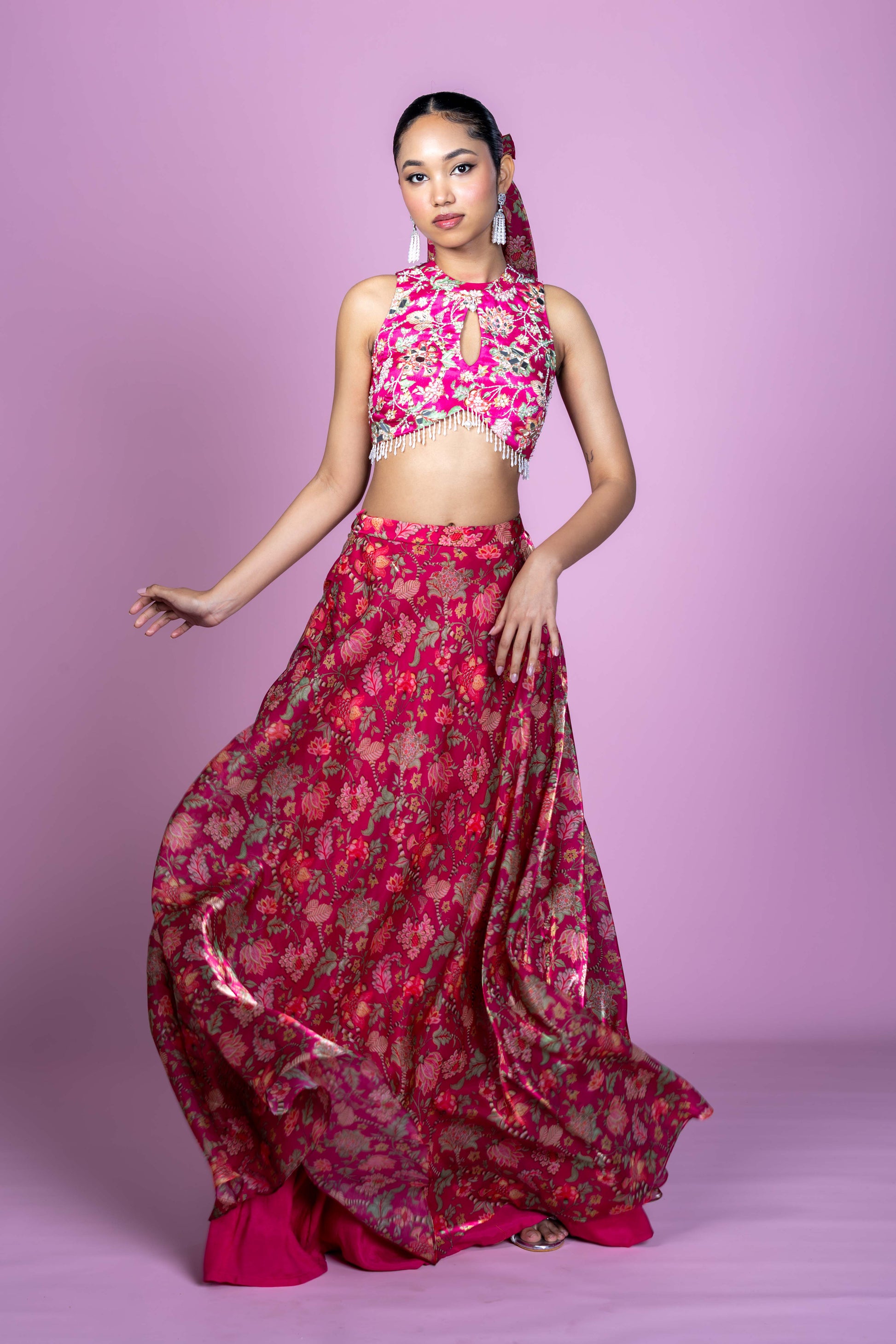Fuschia Pink Floral Crop Top Lehenga Set for Festive Occasions