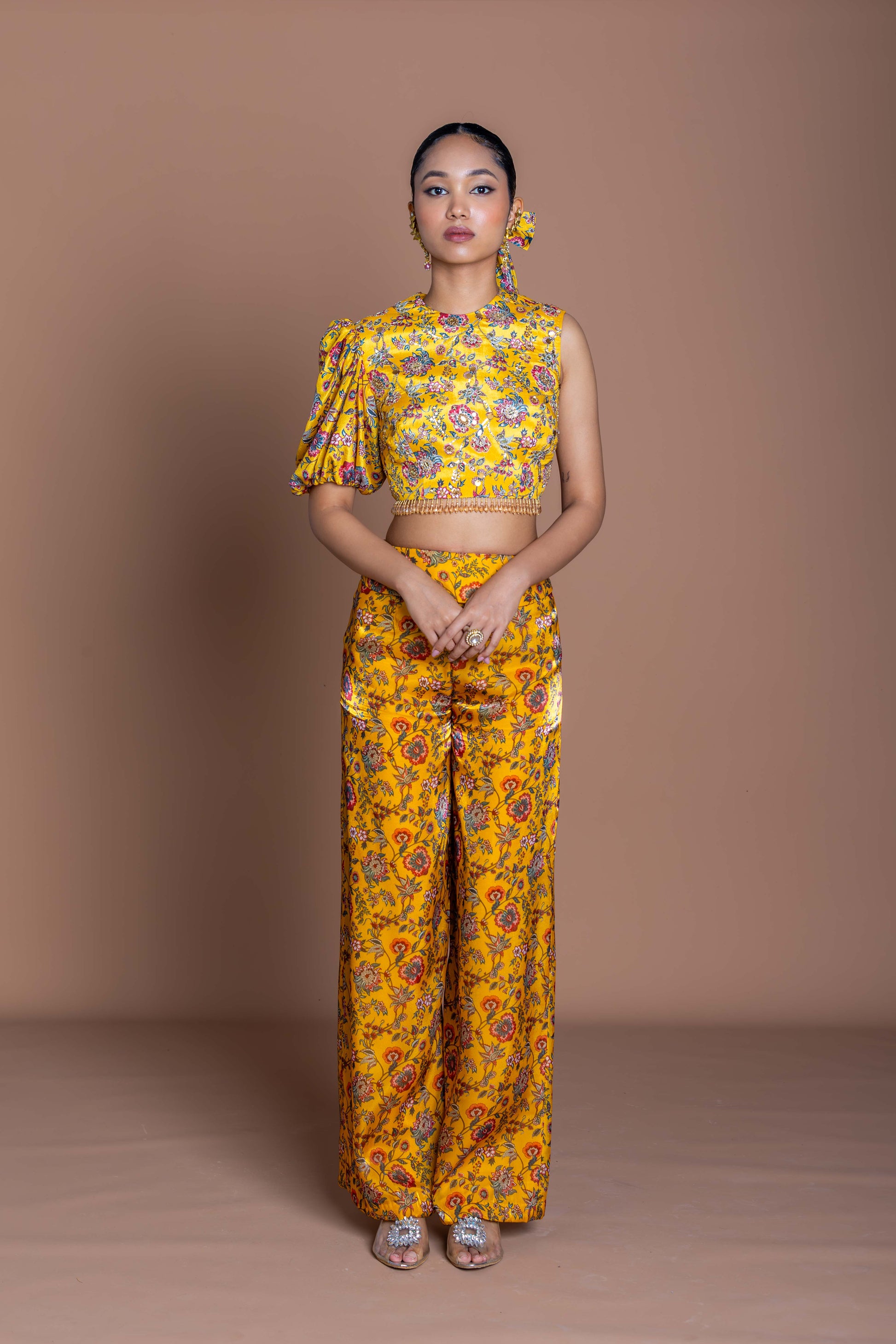 Marigold Yellow Asymmetric Draped Kurta & Layered Palazzo Set