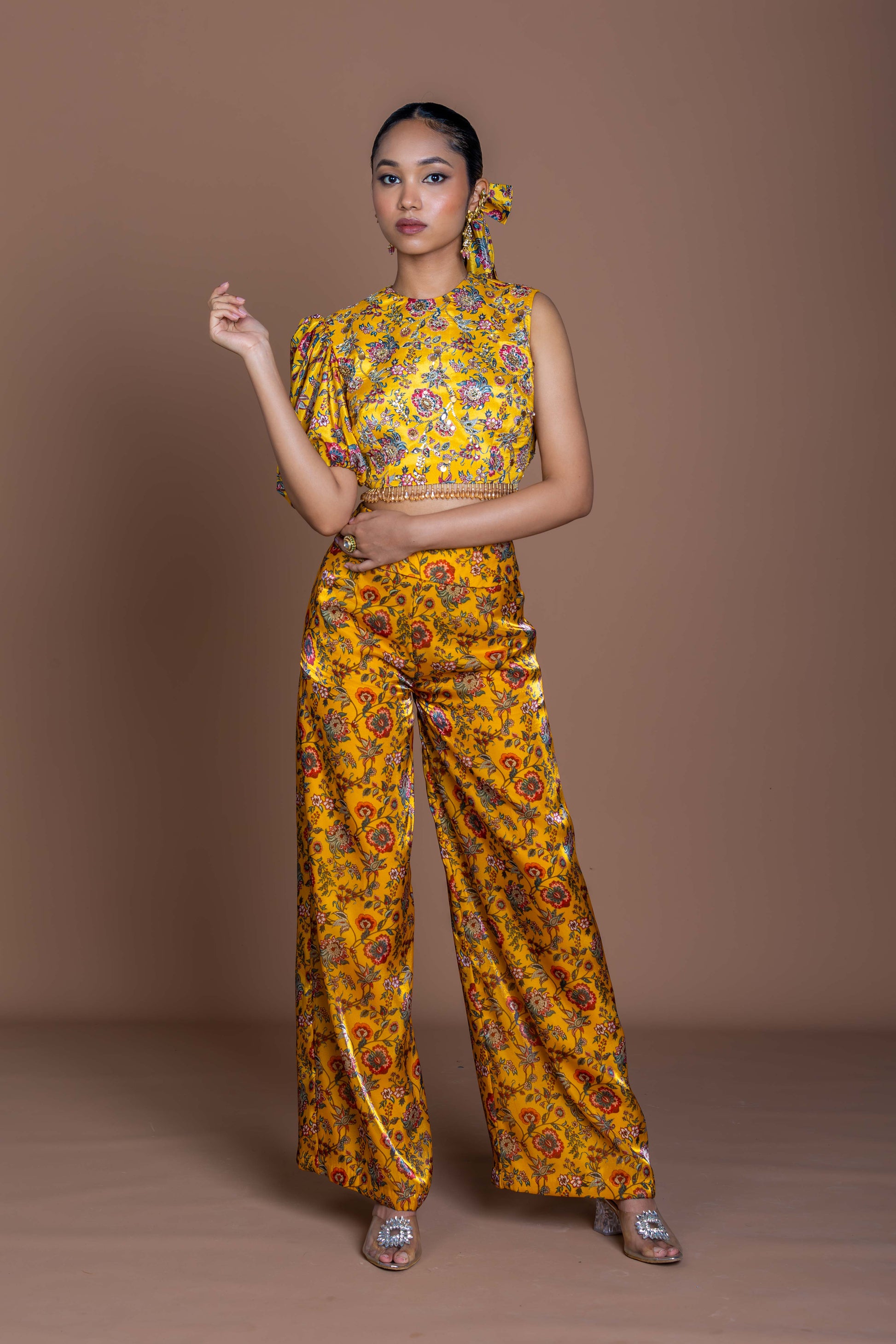 Marigold Yellow Asymmetric Draped Kurta & Layered Palazzo Set