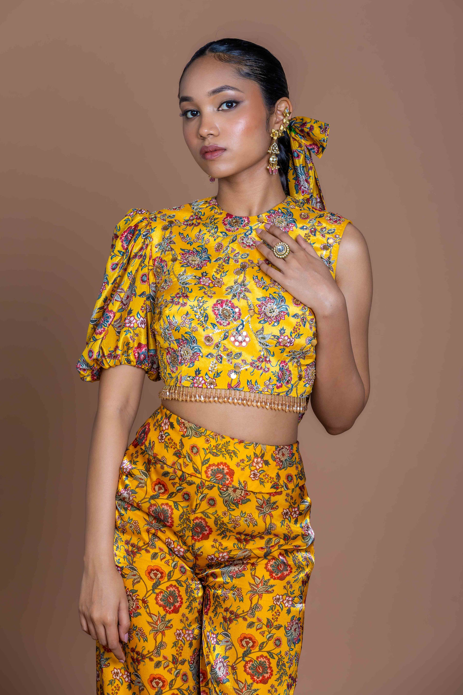 Marigold Yellow Asymmetric Draped Kurta & Layered Palazzo Set