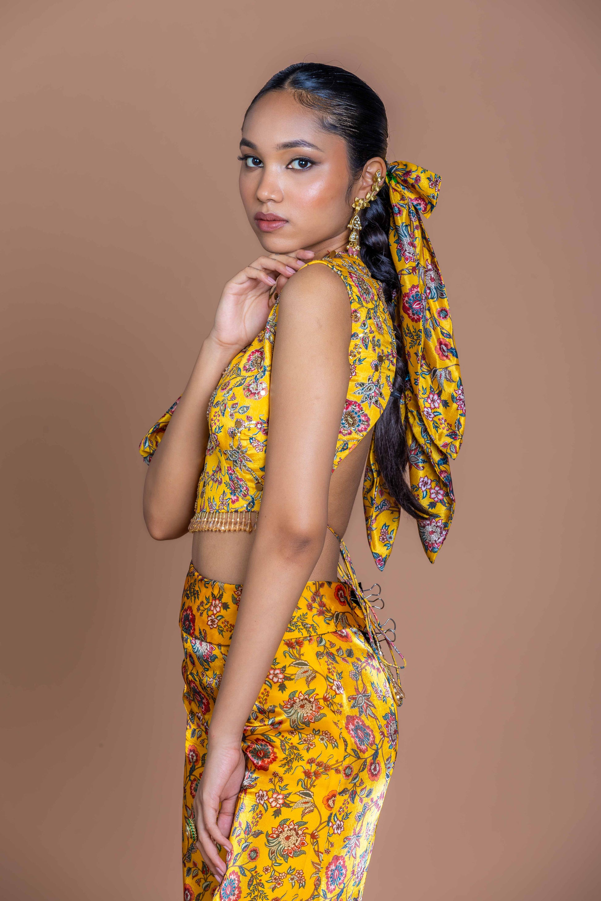 Marigold Yellow Asymmetric Draped Kurta & Layered Palazzo Set