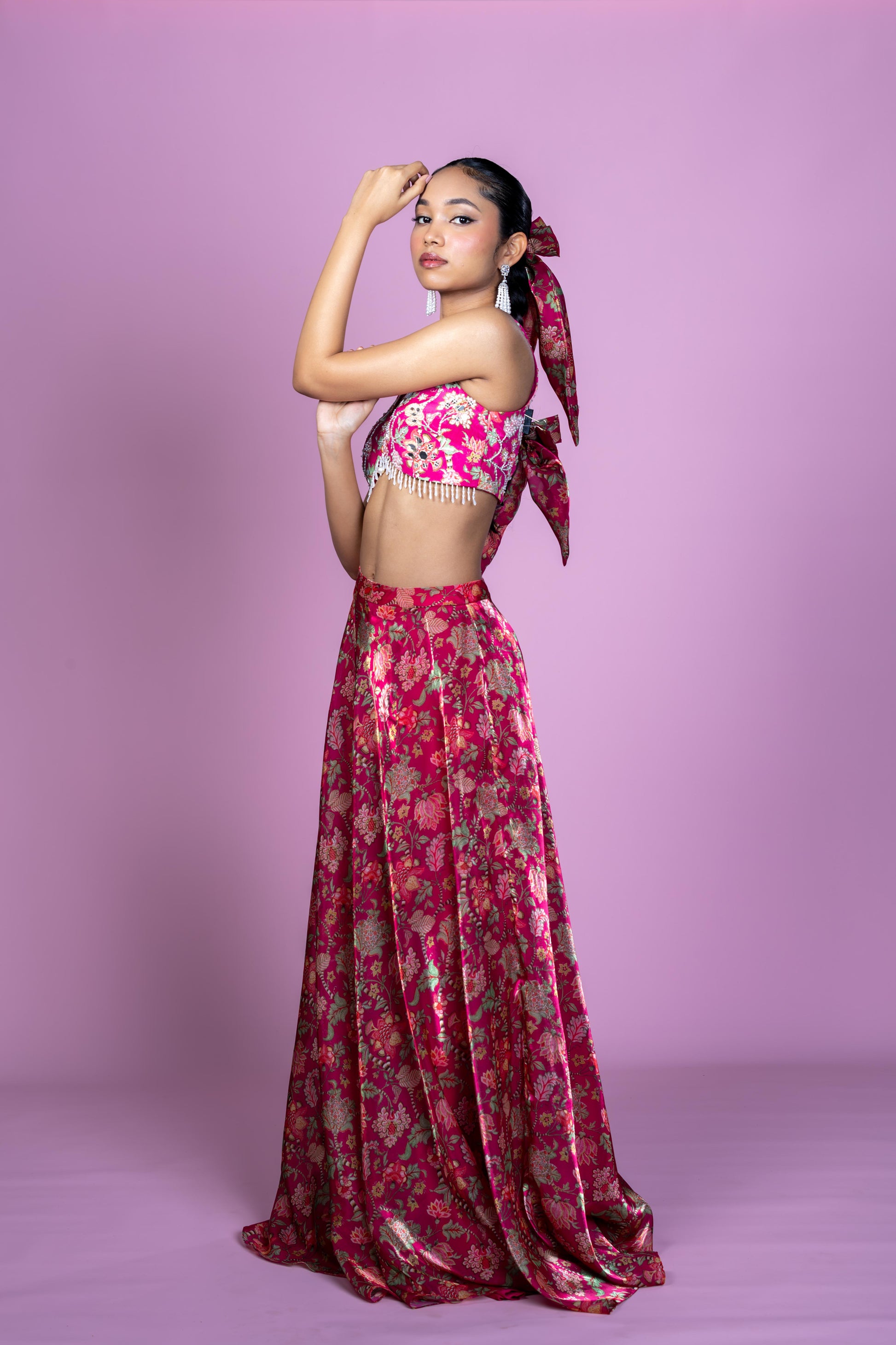 Fuschia Pink Floral Crop Top Lehenga Set for Festive Occasions