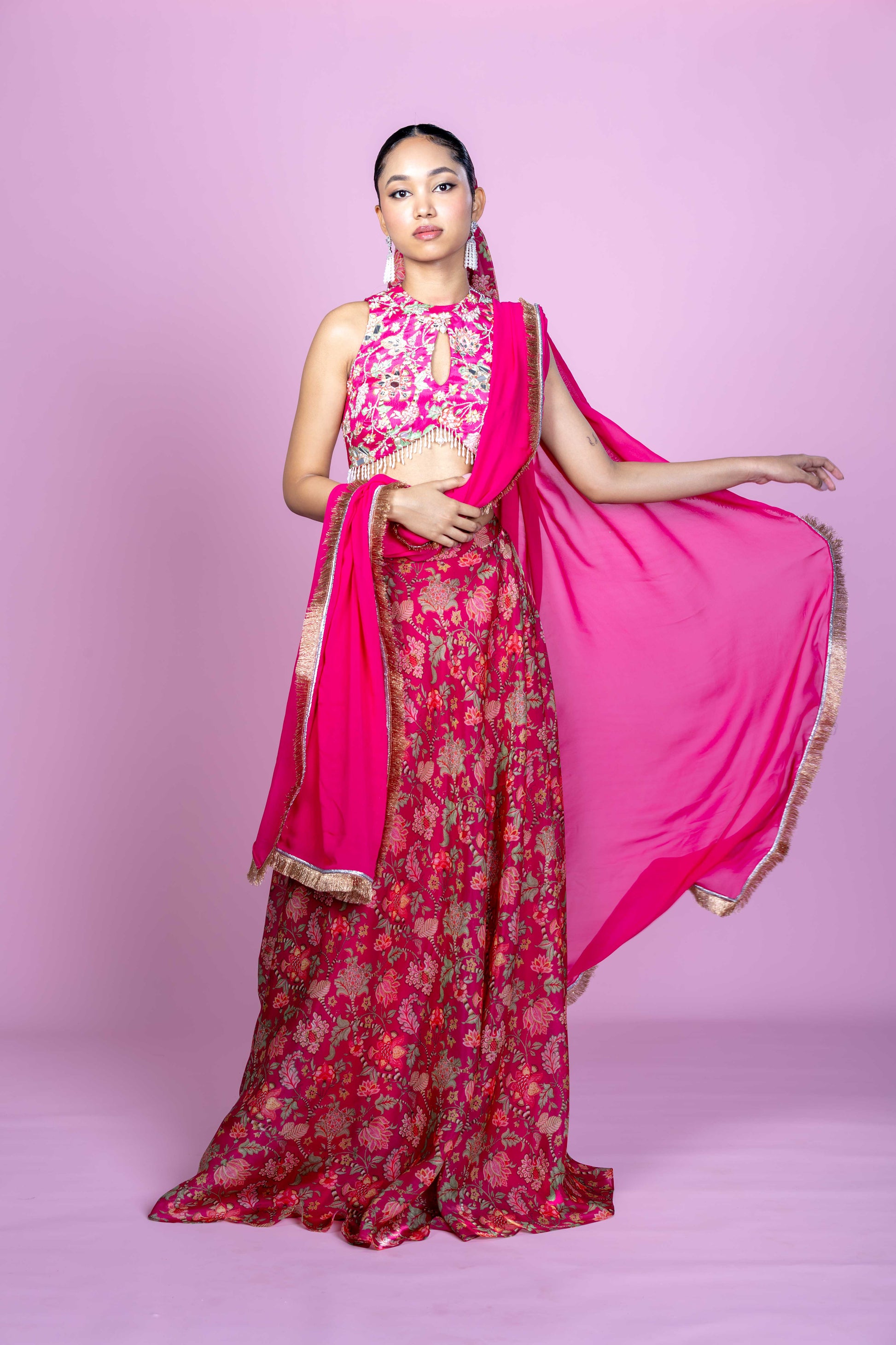 Fuschia Pink Floral Crop Top Lehenga Set for Festive Occasions
