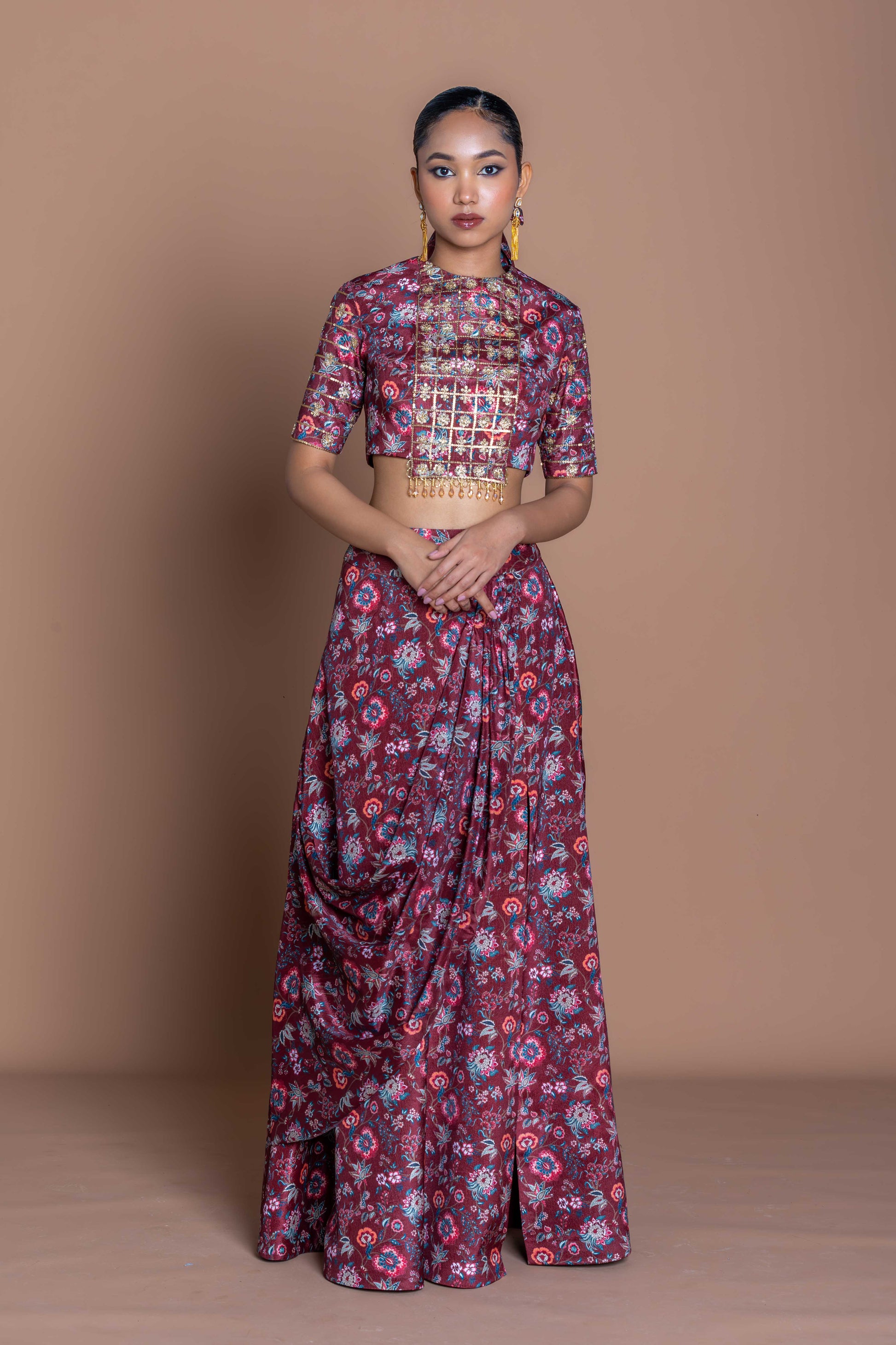 Garnet Maroon Embroidered Crop Top & Draped Slit Skirt Set