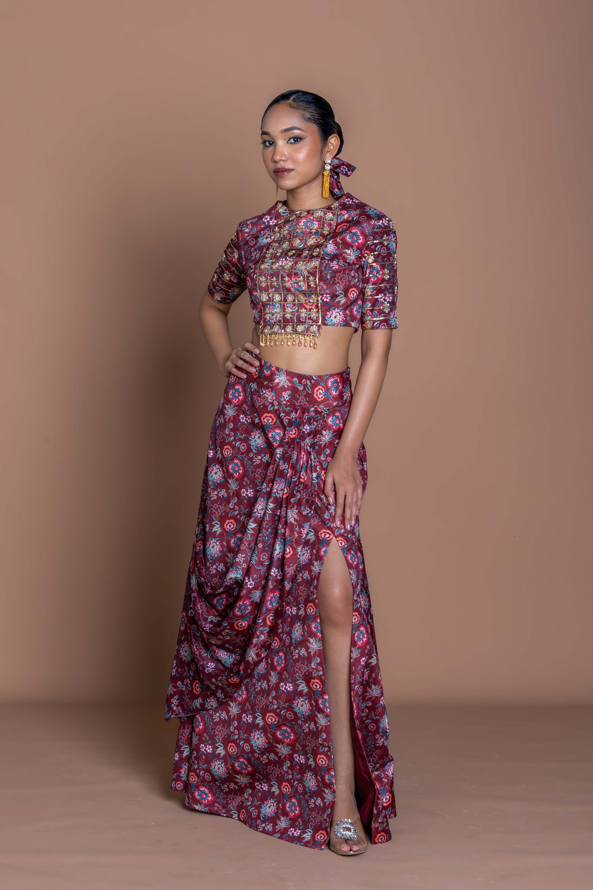 Garnet Maroon Embroidered Crop Top & Draped Slit Skirt Set
