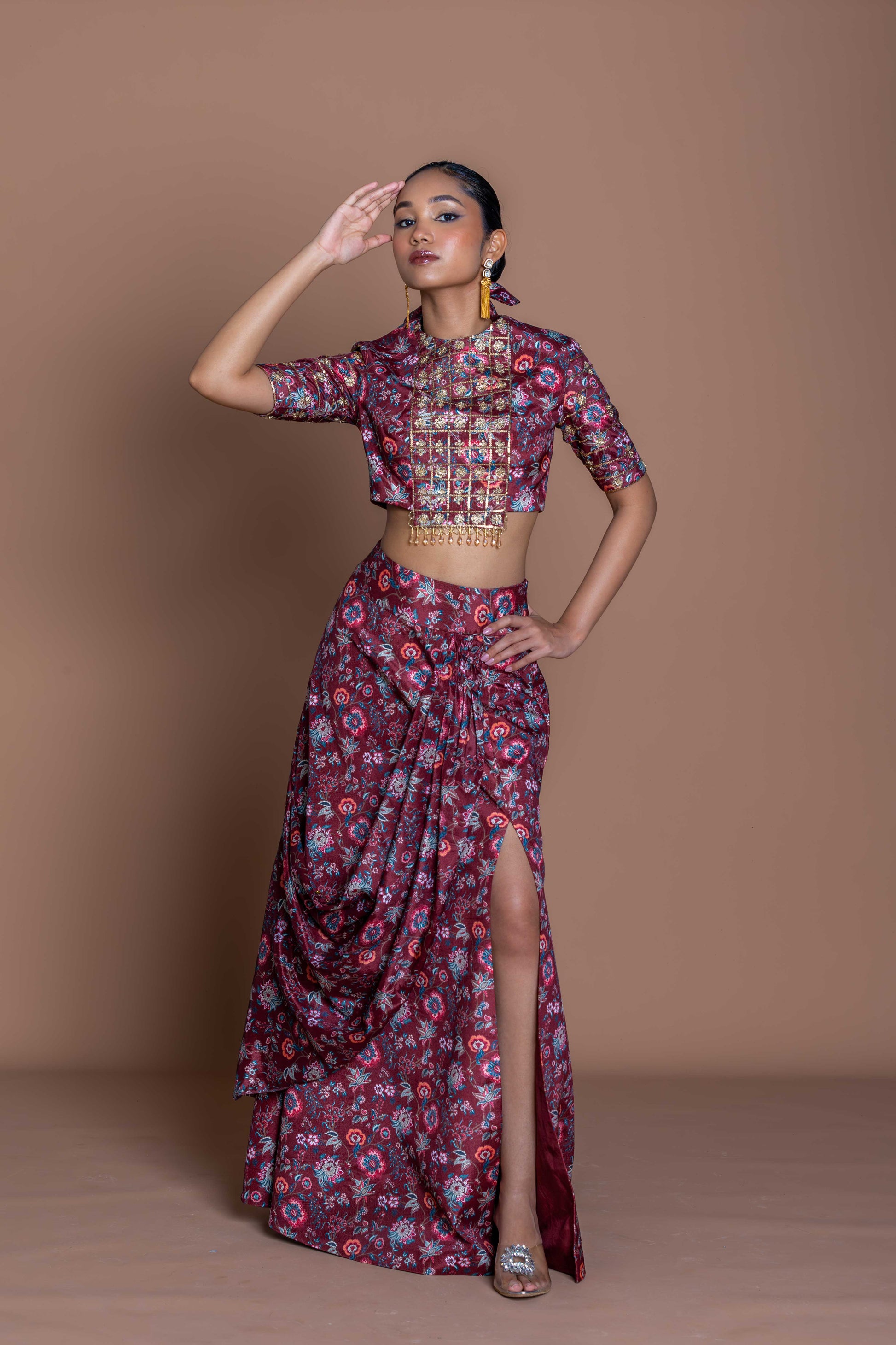 Garnet Maroon Embroidered Crop Top & Draped Slit Skirt Set