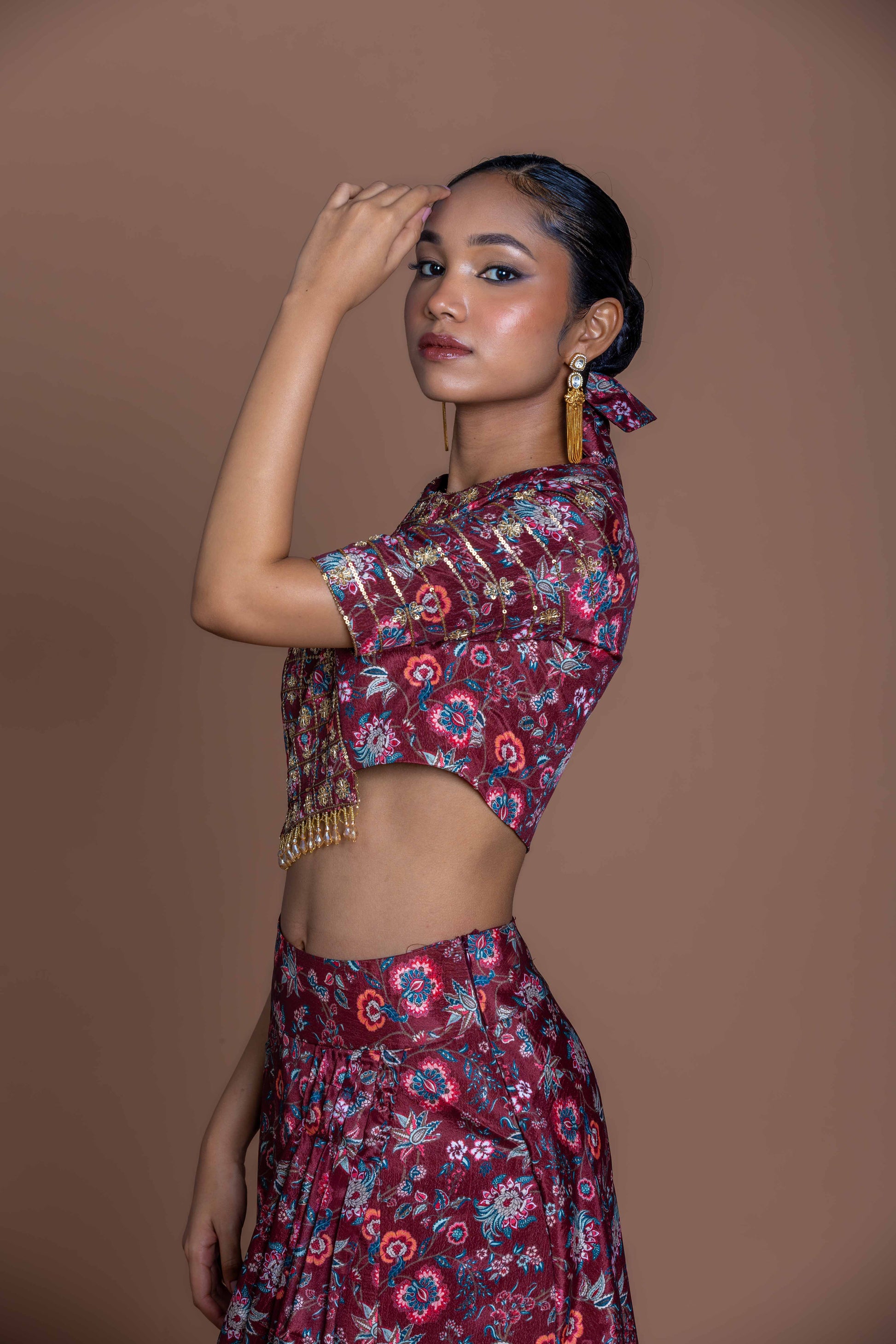 Garnet Maroon Embroidered Crop Top & Draped Slit Skirt Set