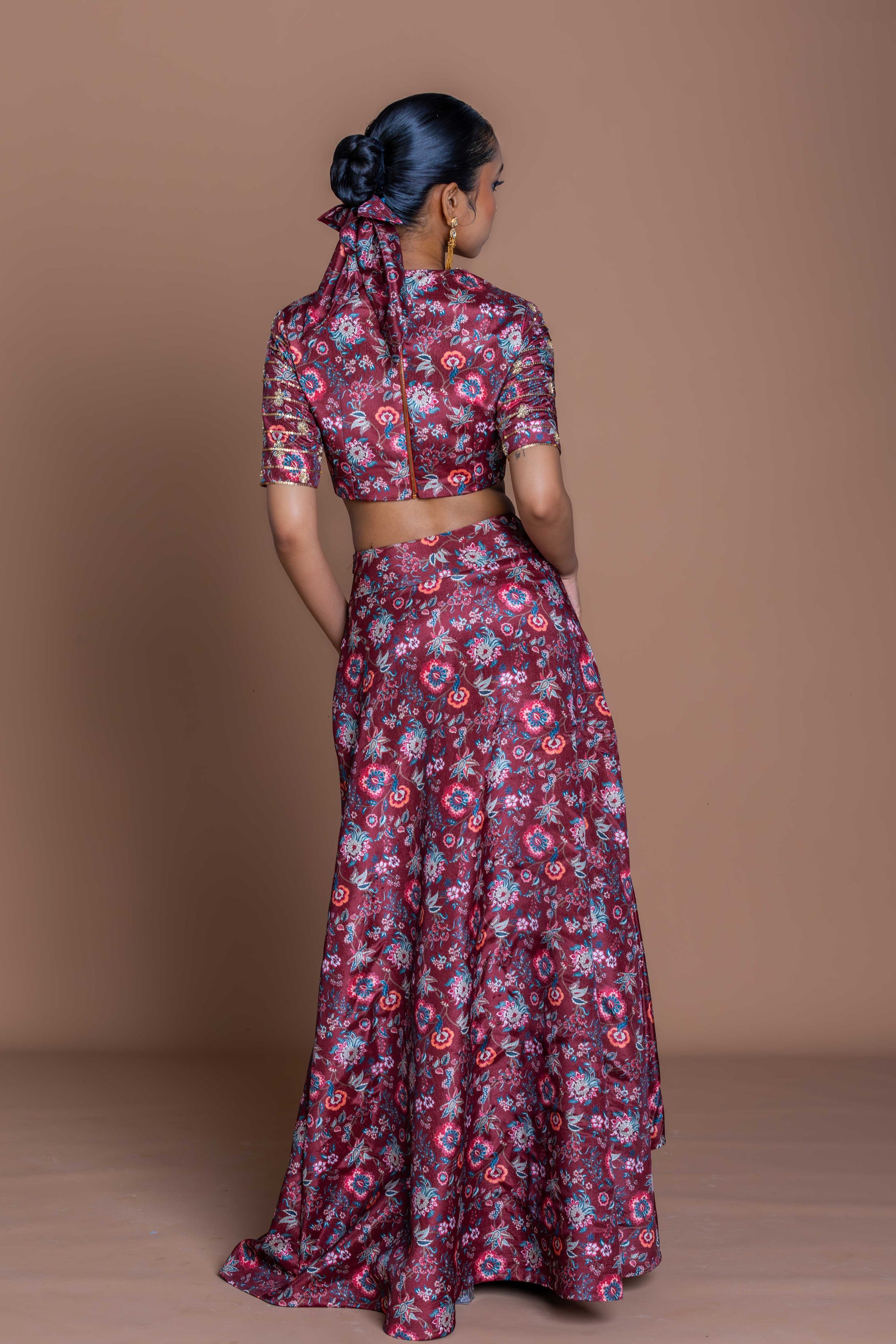 Garnet Maroon Embroidered Crop Top & Draped Slit Skirt Set