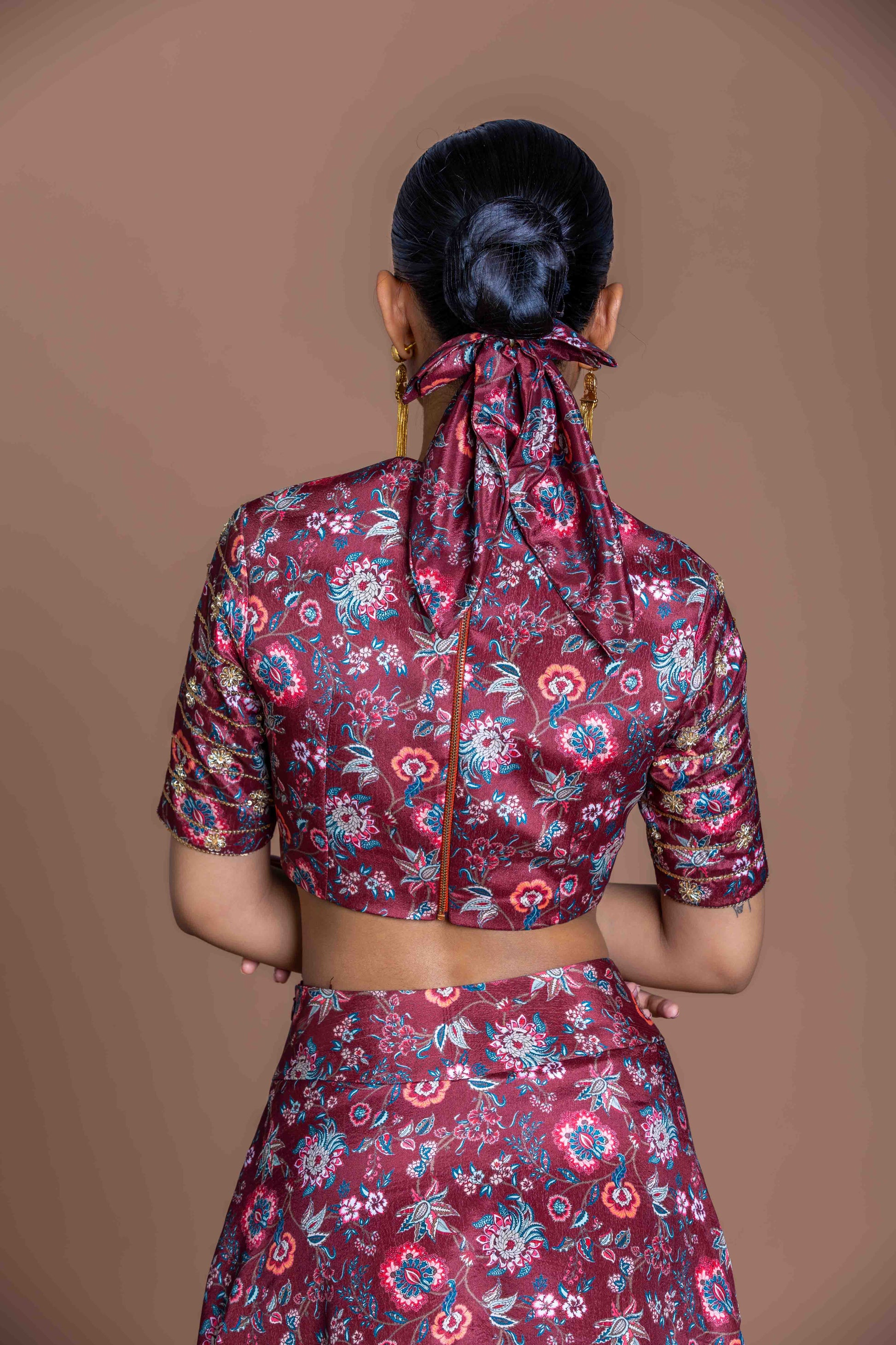 Garnet Maroon Embroidered Crop Top & Draped Slit Skirt Set