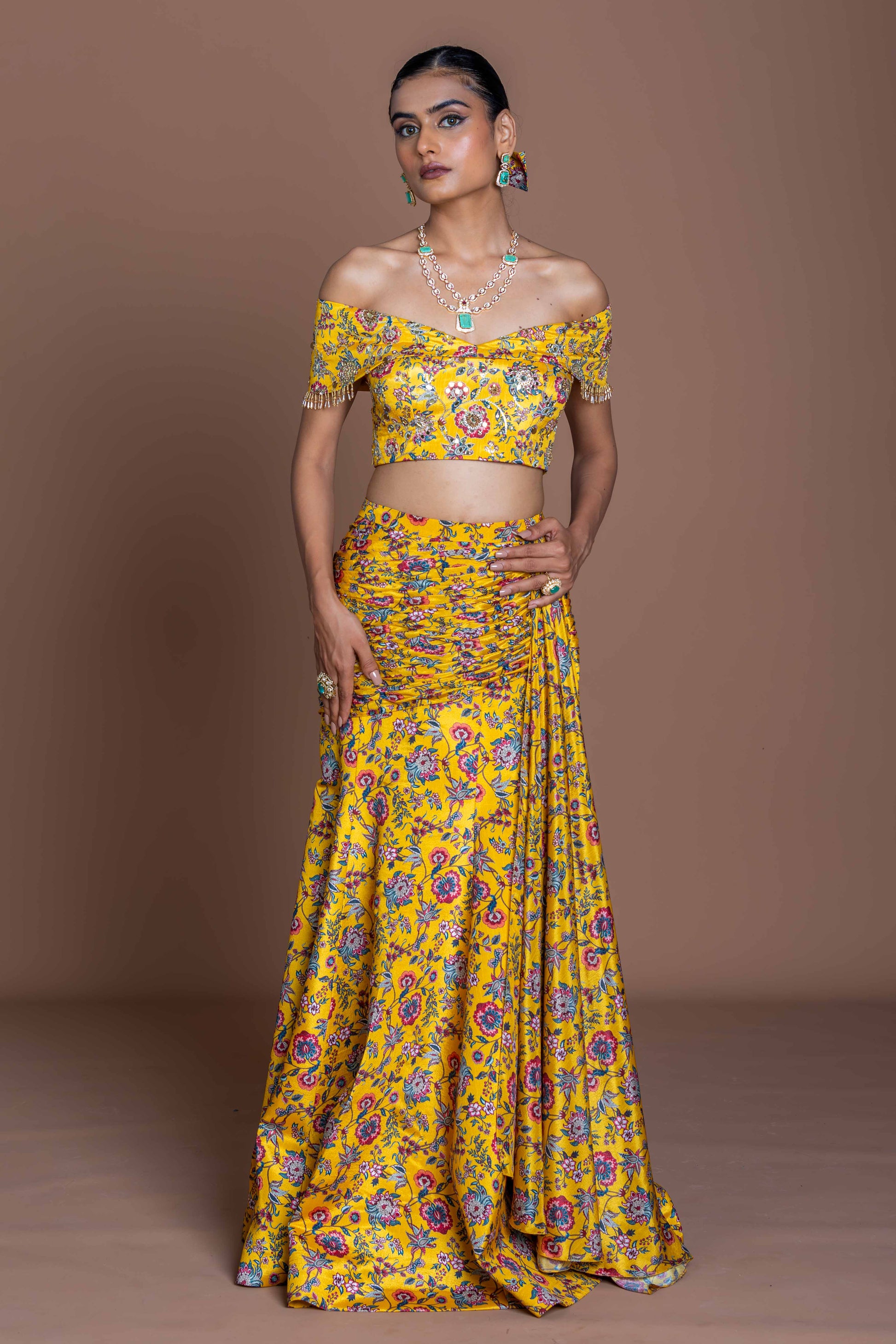 Sunshine Yellow Floral Off-Shoulder Top & Mermaid Skirt Set