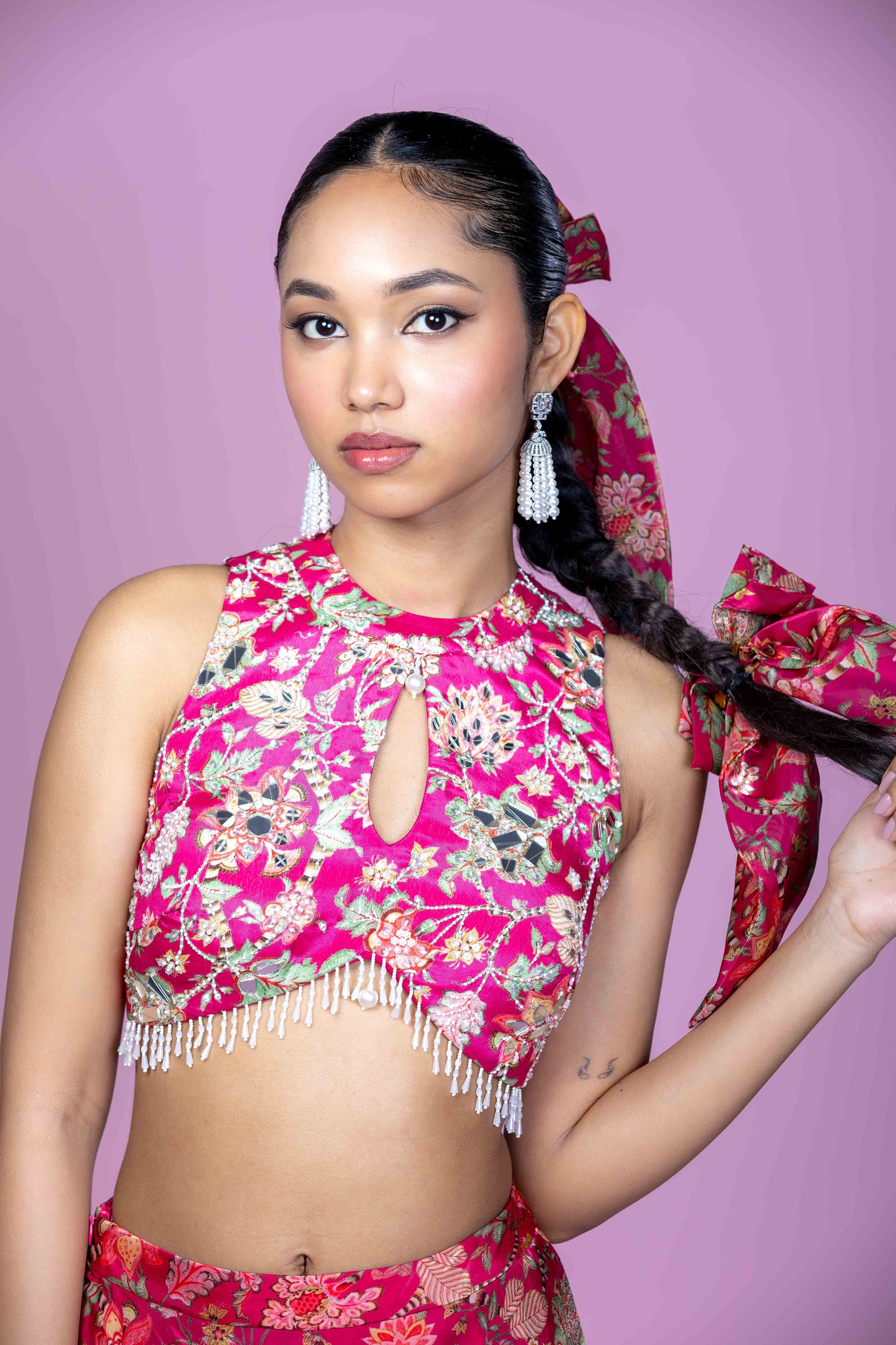 Fuschia Pink Floral Crop Top Lehenga Set for Festive Occasions