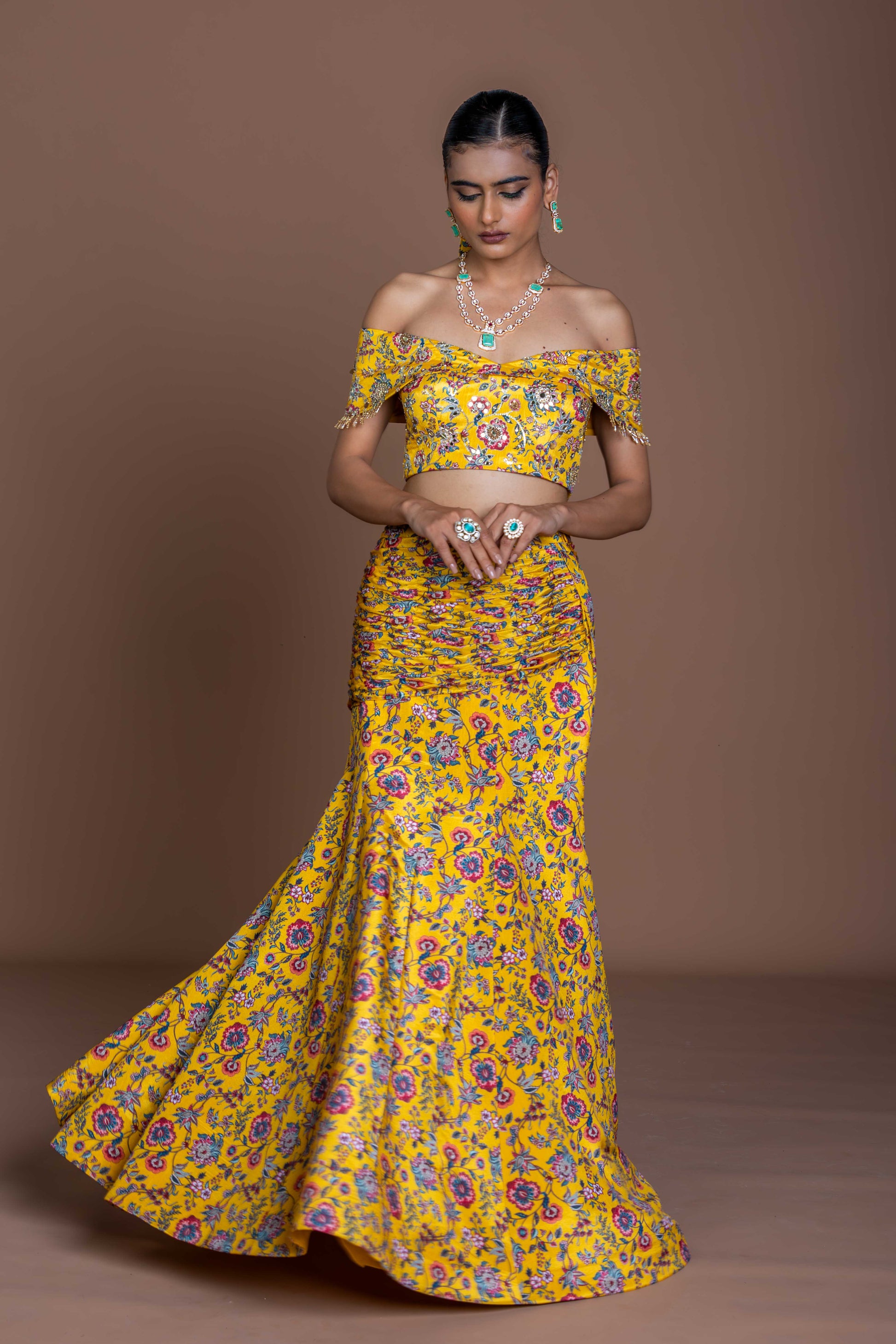 Sunshine Yellow Floral Off-Shoulder Top & Mermaid Skirt Set