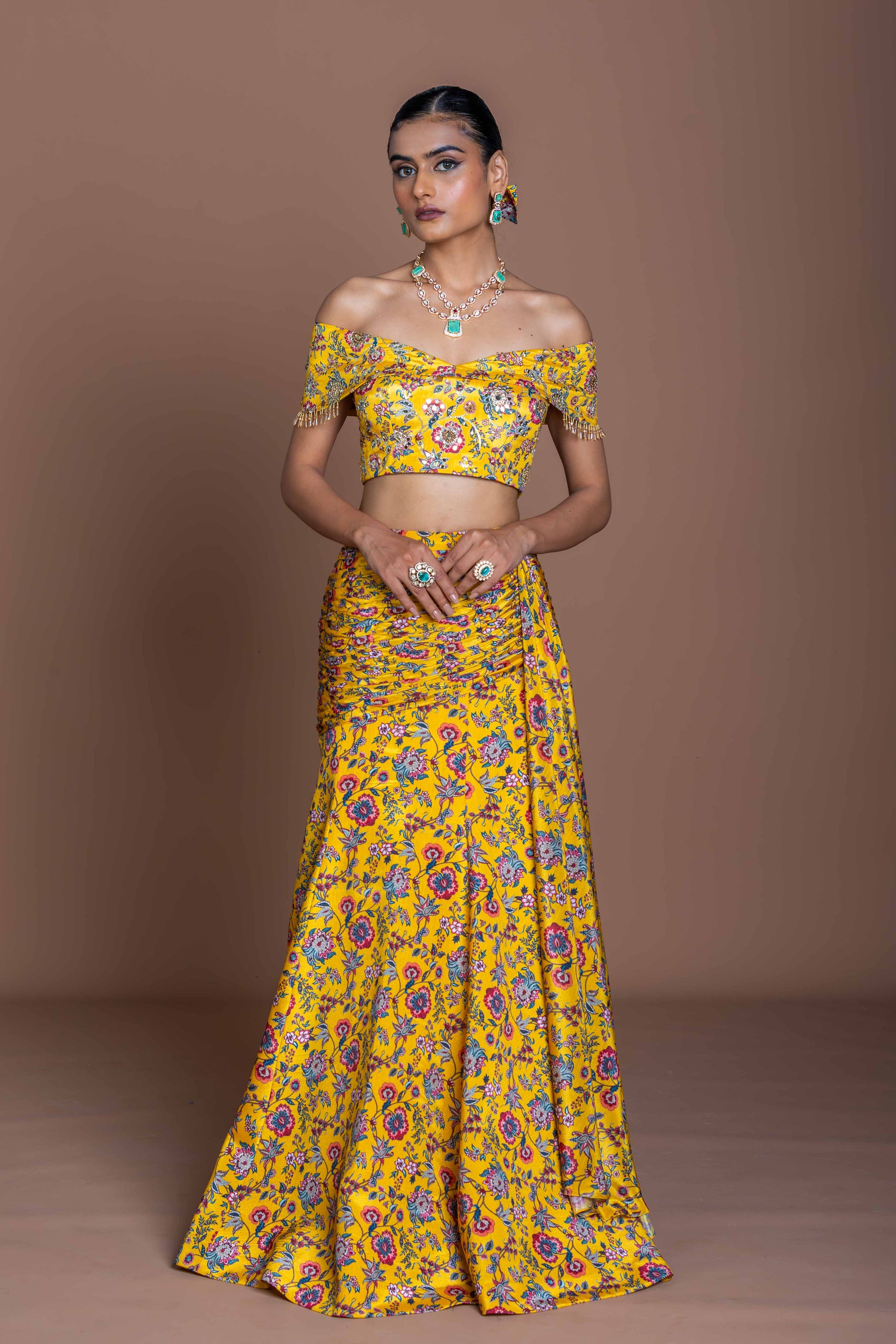 Sunshine Yellow Floral Off-Shoulder Top & Mermaid Skirt Set