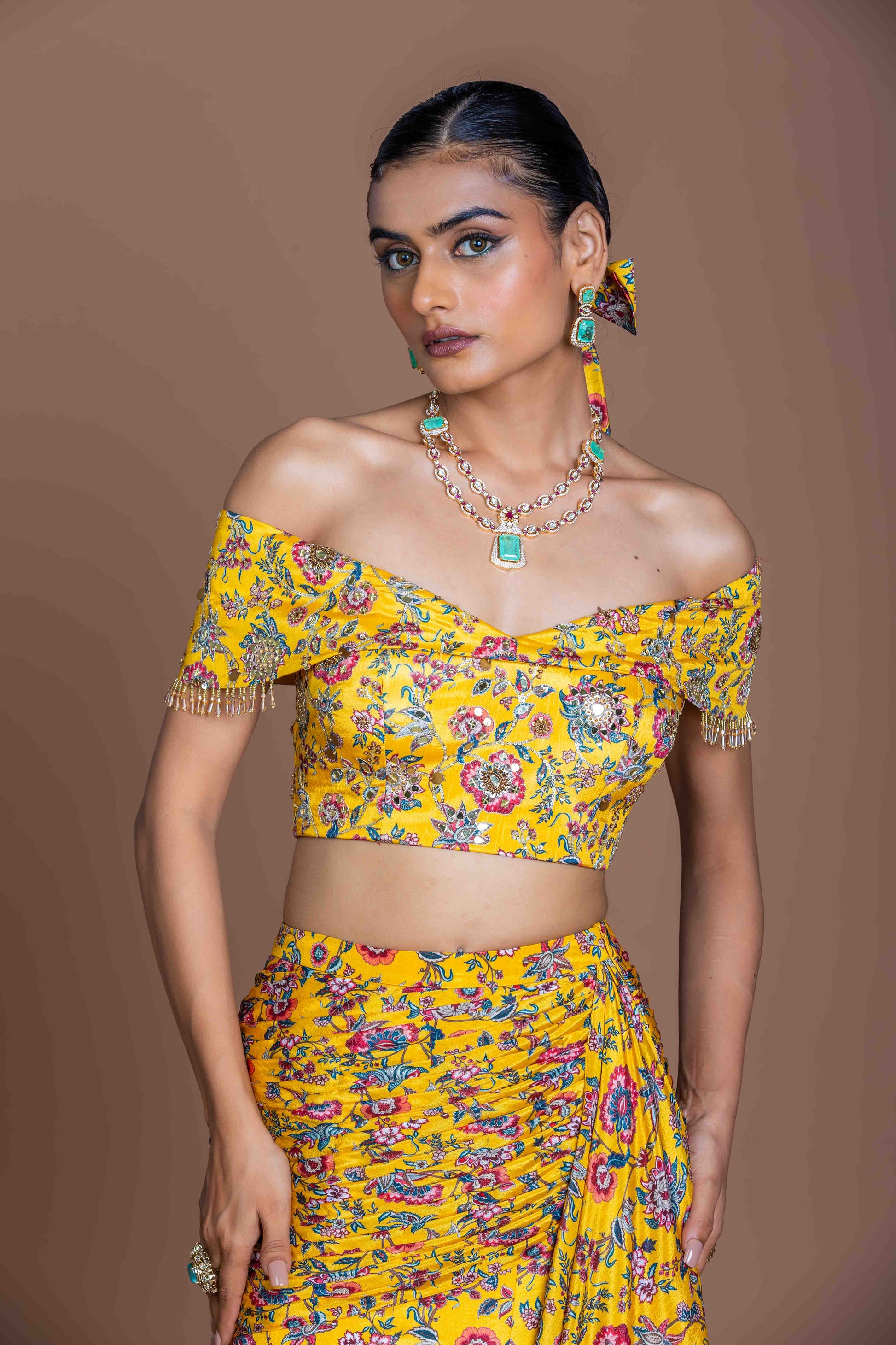 Sunshine Yellow Floral Off-Shoulder Top & Mermaid Skirt Set