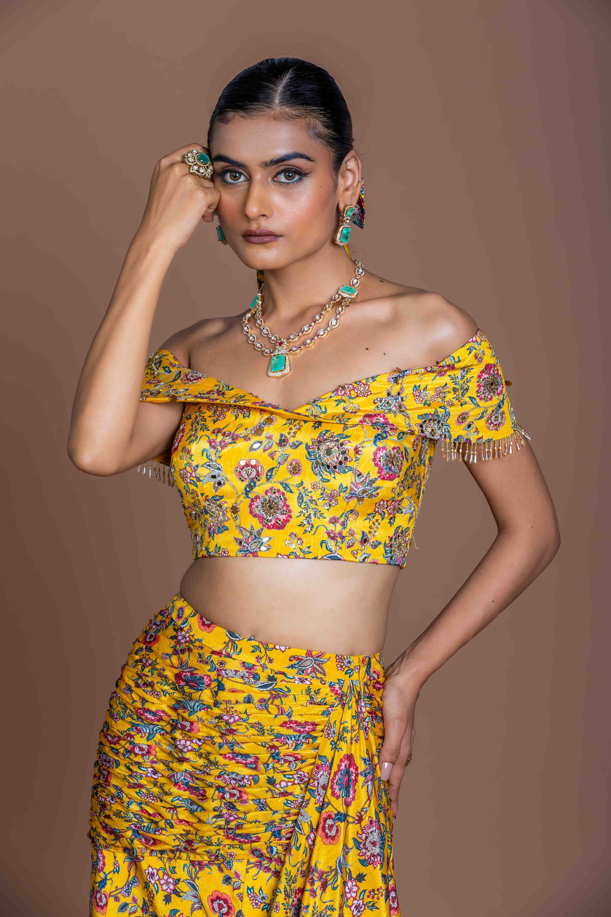 Sunshine Yellow Floral Off-Shoulder Top & Mermaid Skirt Set