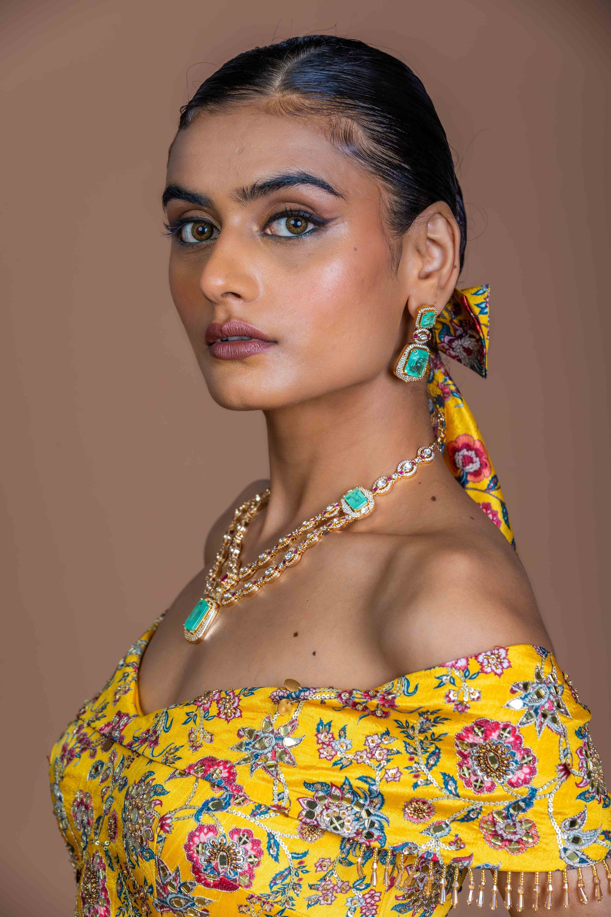 Sunshine Yellow Floral Off-Shoulder Top & Mermaid Skirt Set