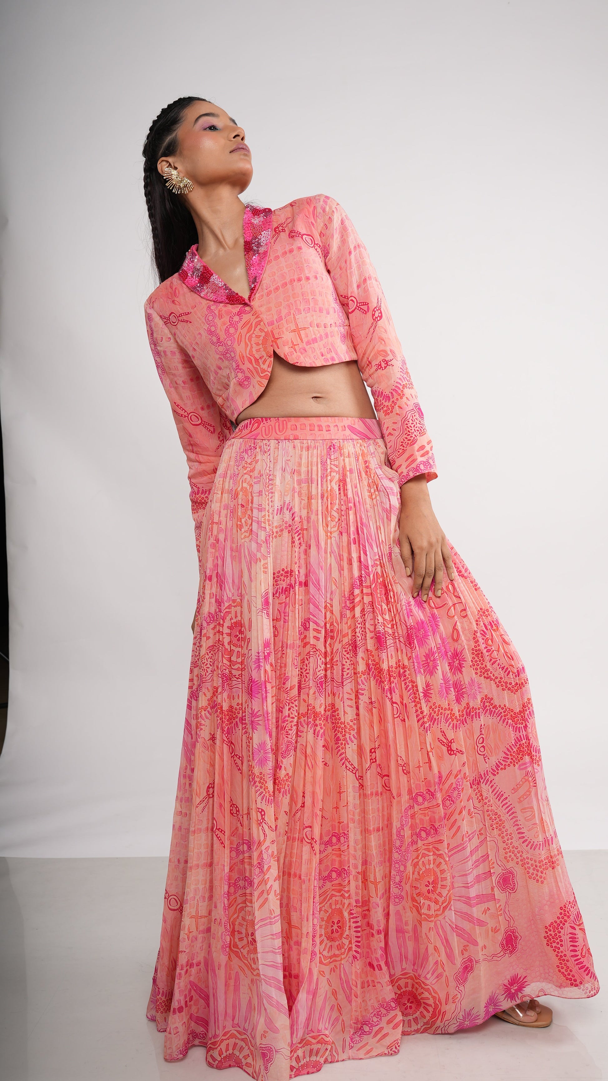 Ethereal Pink Coral Organza Juvela Crop Jacket & Pleated Skirt Set