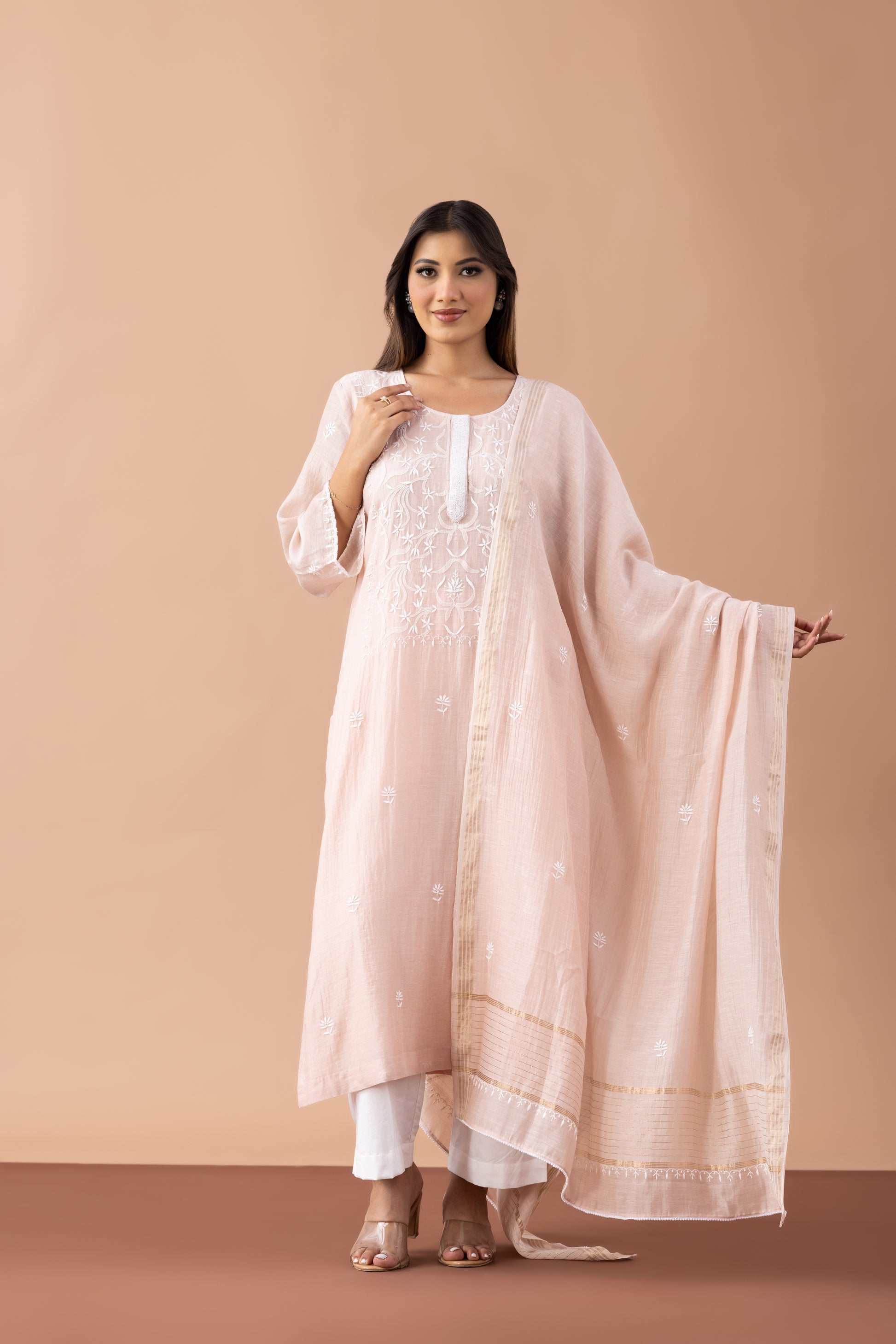 GULBAHAR  MUL CHANDERI KURTA SETRASPBERRY