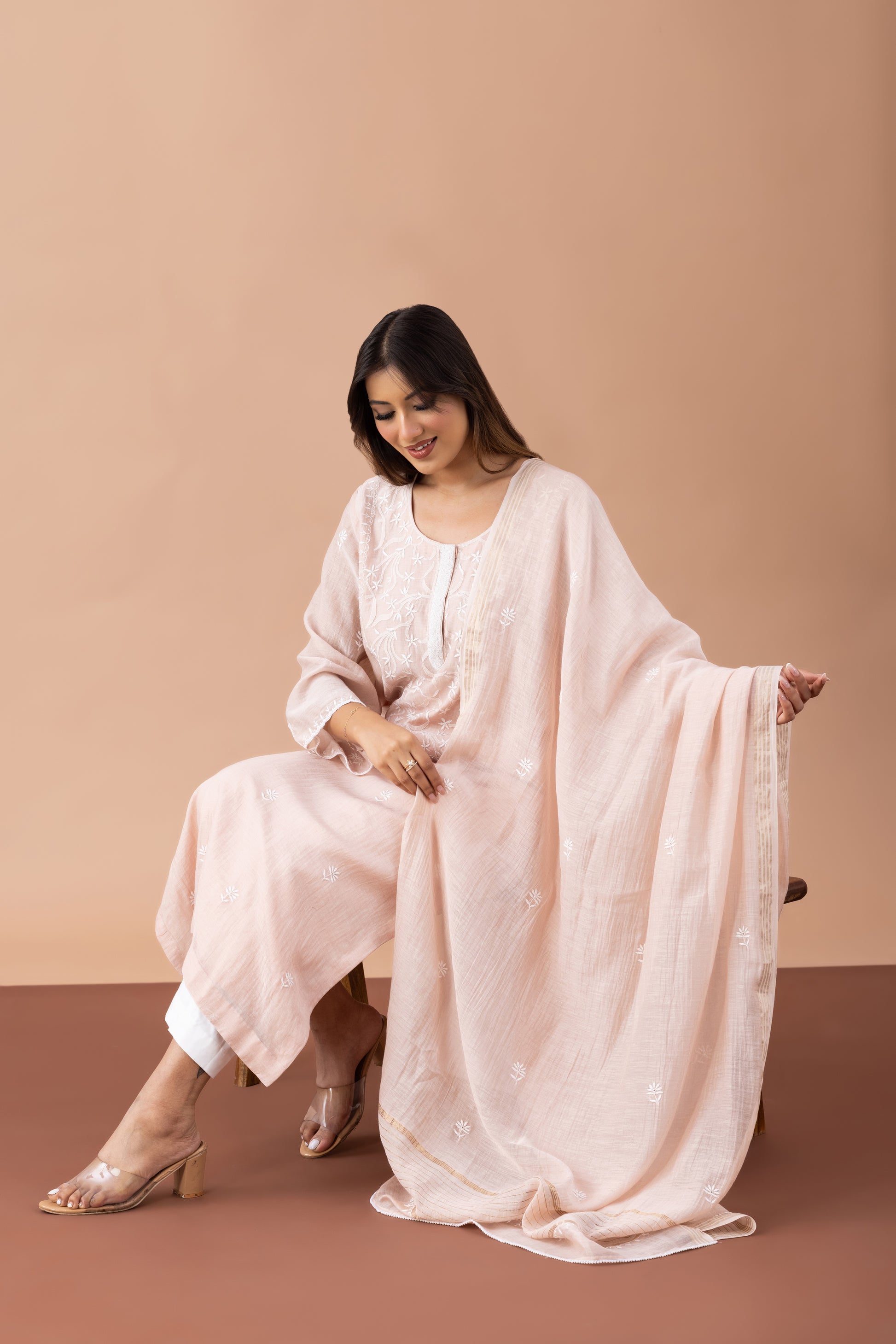 GULBAHAR  MUL CHANDERI KURTA SETRASPBERRY