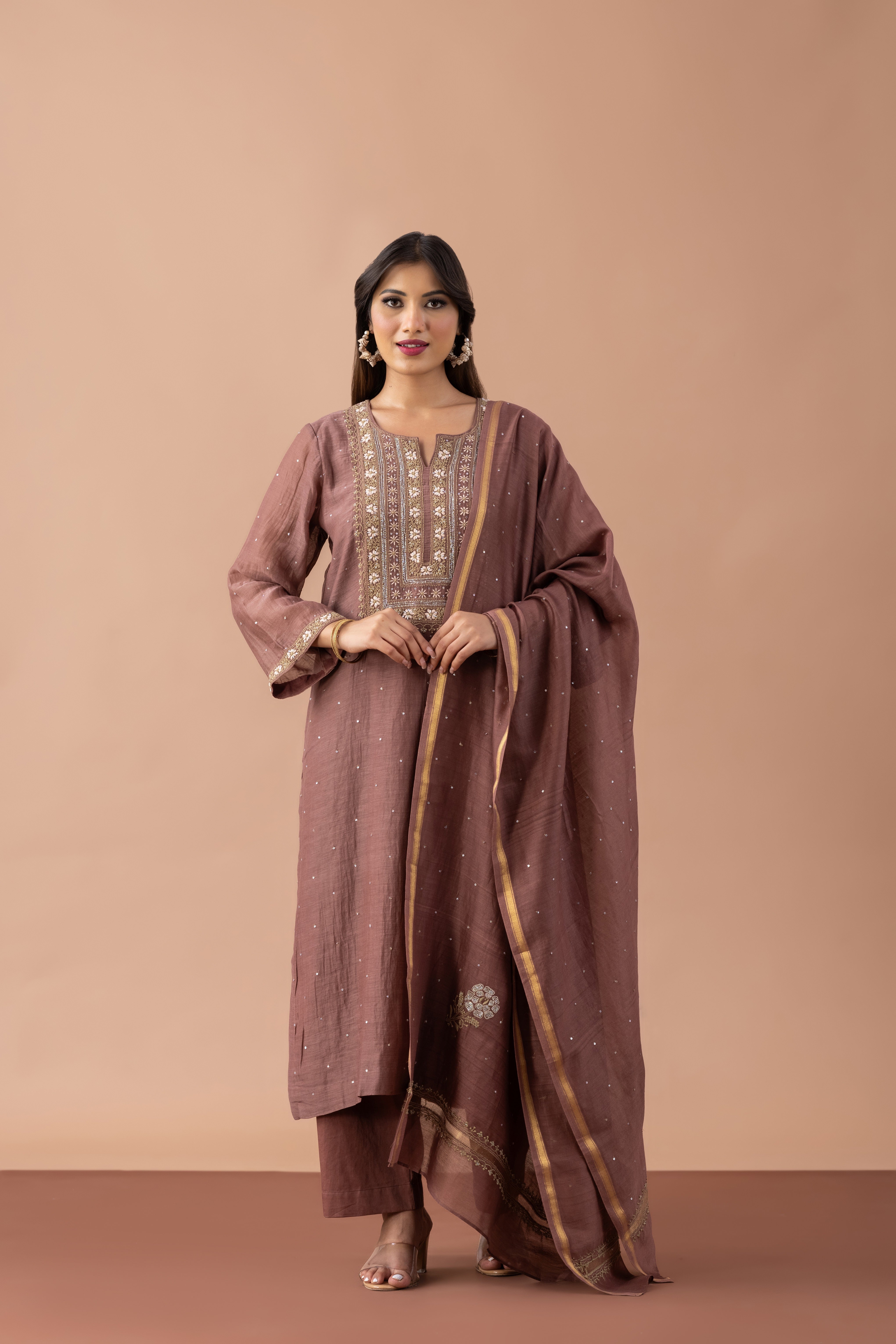 INAYAT MUL CHANDERI KURTA SET BROWN