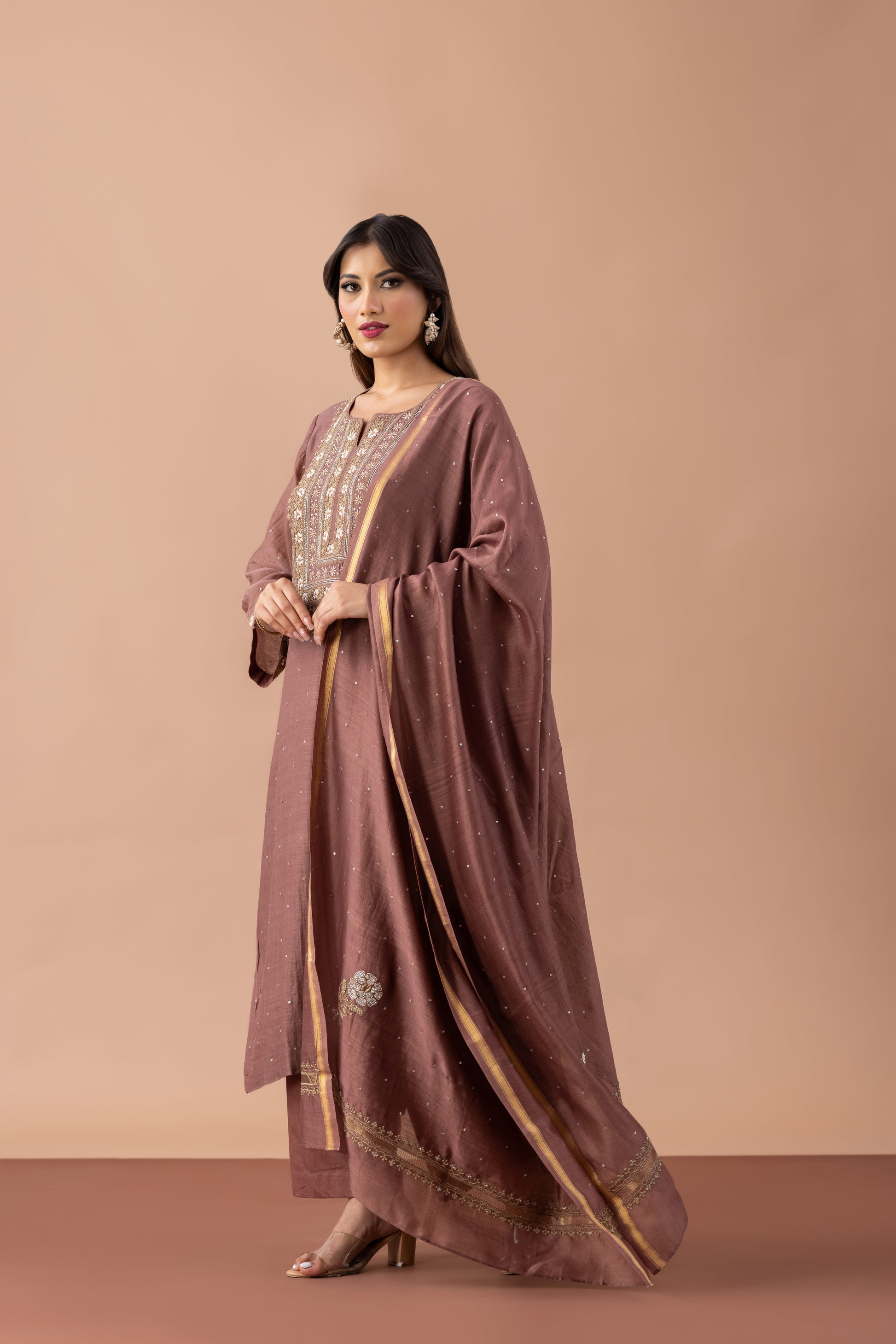 INAYAT MUL CHANDERI KURTA SET BROWN